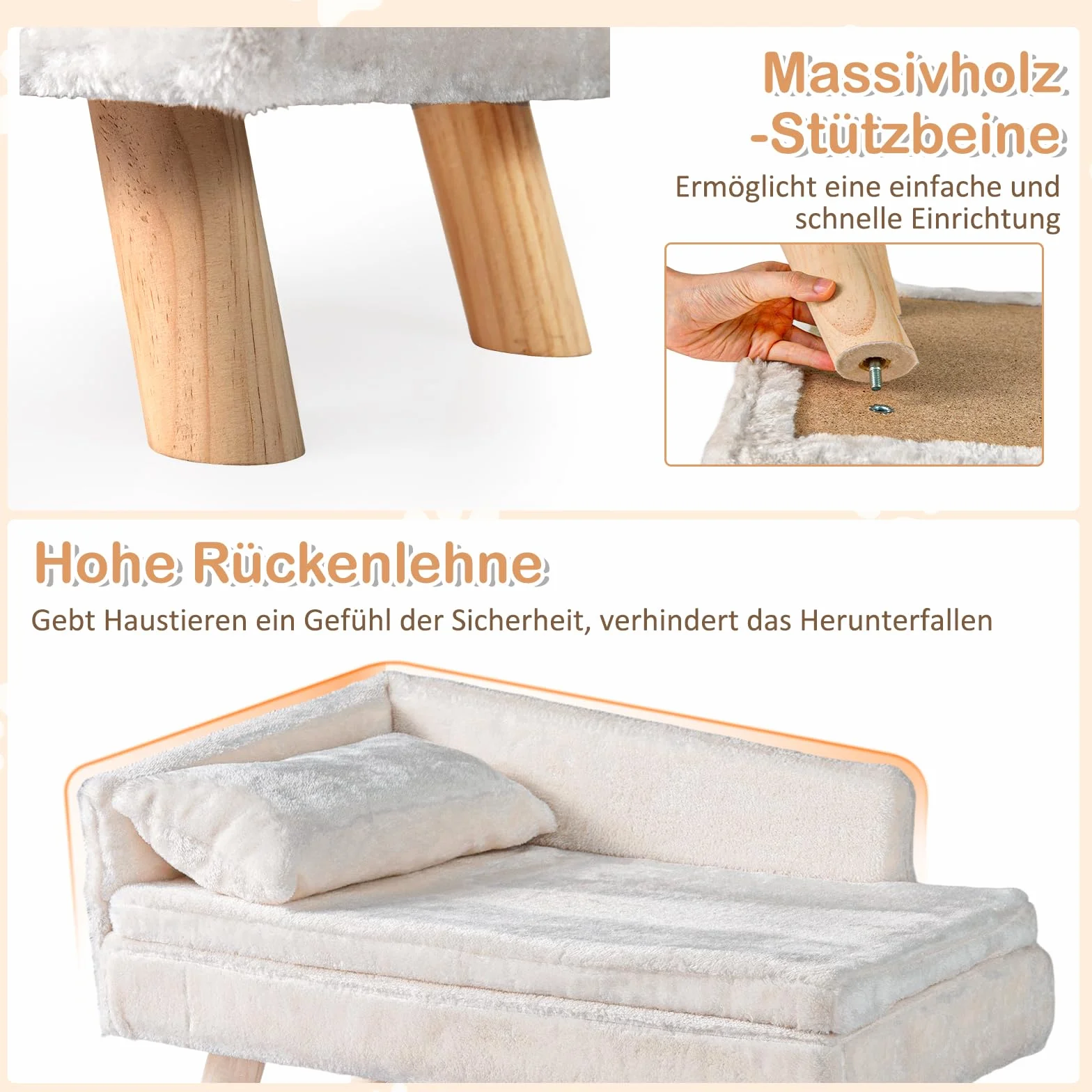 COSTWAY Luksusowa sofa dla kota, podwyższone legowisko dla kota, kanapa z 2 zdejmowanymi poduszkami, oparciem i drewnianymi nogami, miękka, dla średnich i małych kotów, sofa dla psów do wnętrz, biała