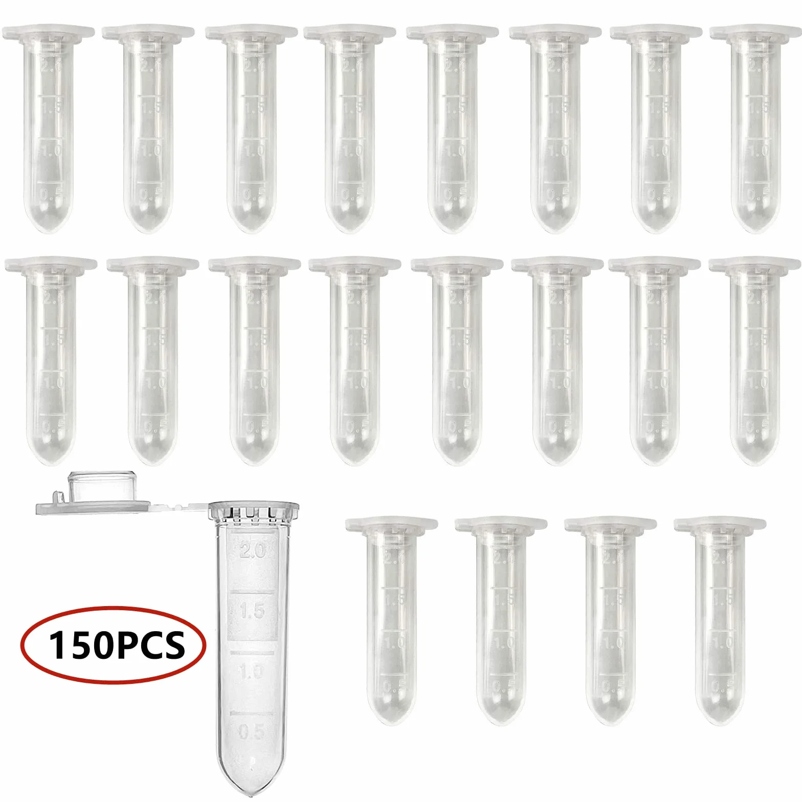 HUAZIZ 150 sztuk mikroprobówek wirówkowych, naczynia reakcyjne 2 ml, przezroczyste, z tworzywa sztucznego, probówki, naczynie reakcyjne, pojemnik do przechowywania próbek, z nasadką zatrzaskową