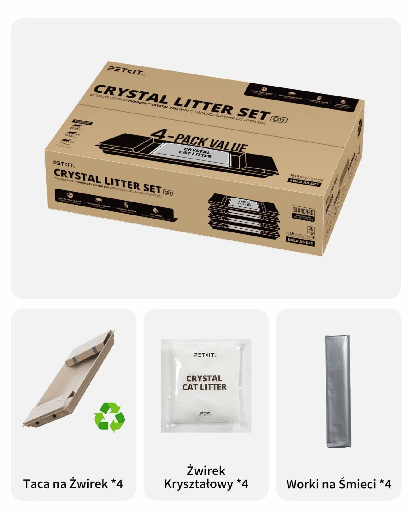 PETKIT Zestaw do Krystaliczny Żwirek dla Kotów, do PUROBOT CRYSTAL DUO Samoczyszcząca Kuweta dla Kotów, Podwójne Zbieranie Odpadów, Wymienna Tacka, Kontrola Zapachów, Wyższa Chłonność, 4 Sztuki