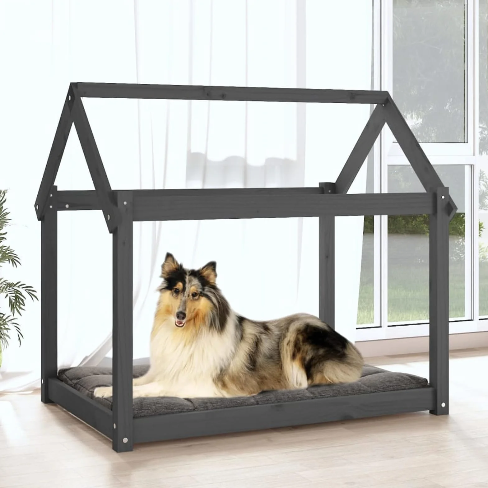 Legowisko dla psa, szare, 101 x 70 x 90 cm, lite drewno sosnowe | Lite drewno sosnowe, stabilna rama drewniana, prosty design do minimalistycznych pomieszczeń mieszkalnych