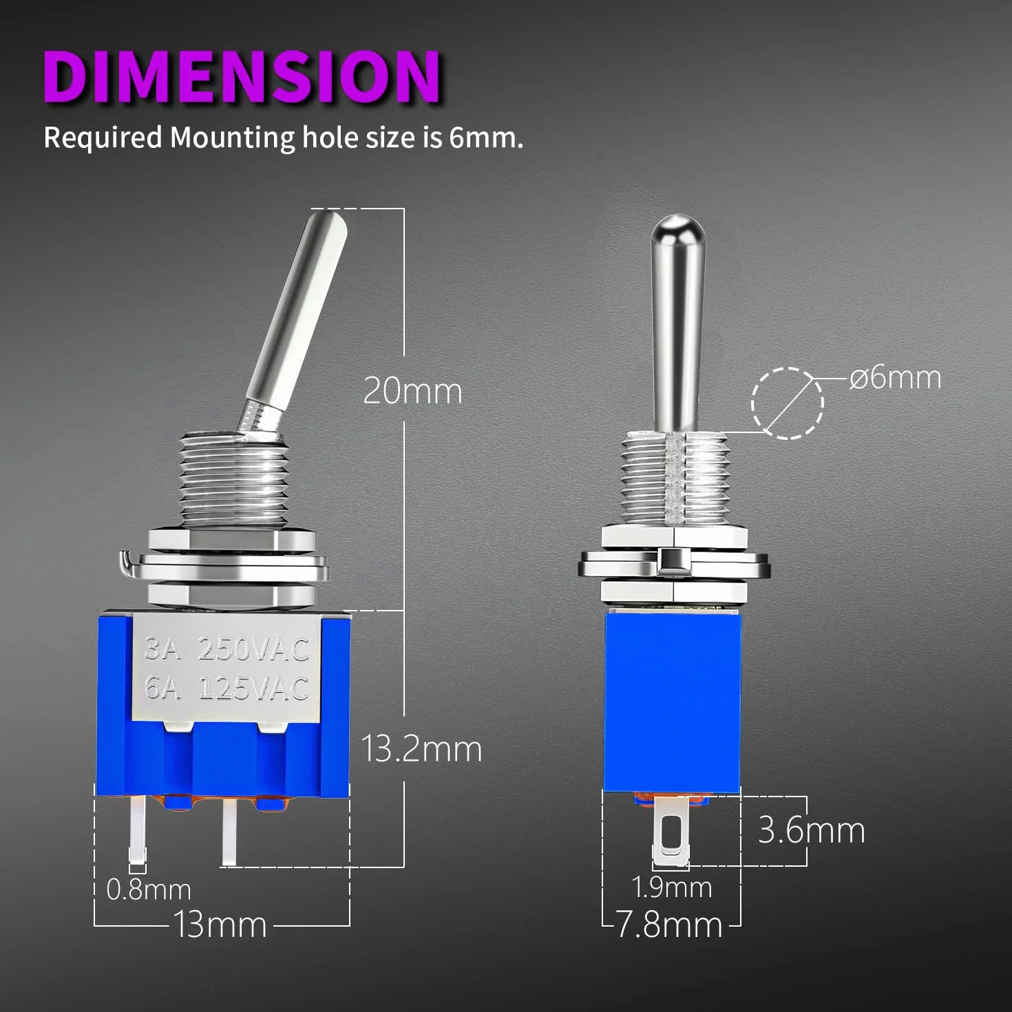 GUUZI Miniaturowy Przełącznik Dźwigniowy SPST MTS-101 6A/125V 3A/250V ON/OFF
