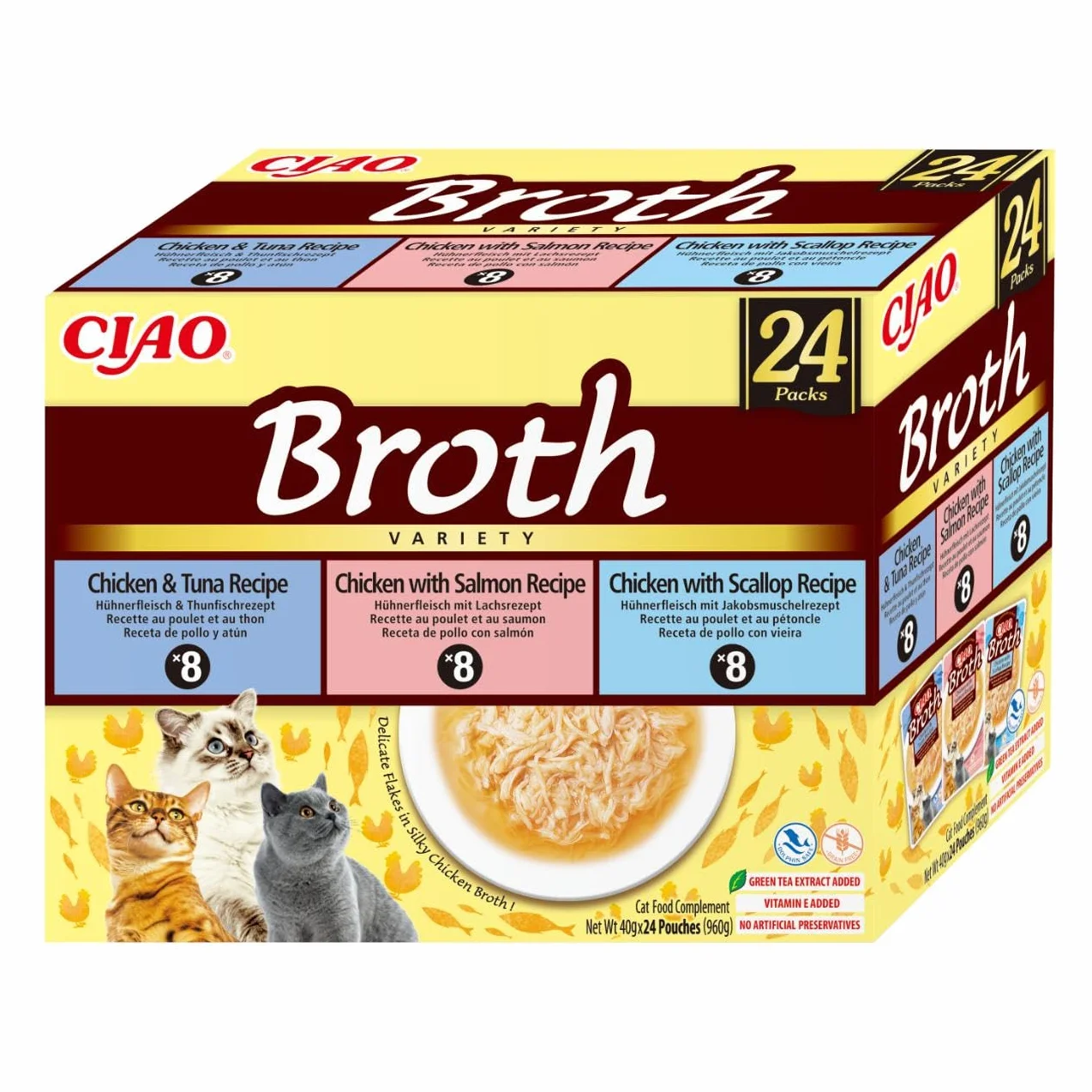 INABA CIAO Rosół dla kotów w 3 smakach, mokra karma z kurczaka, łososia, tuńczyka i przegrzebka - 24 torby x 40 g - karma dla kotów bez konserwantów i sztucznych barwników