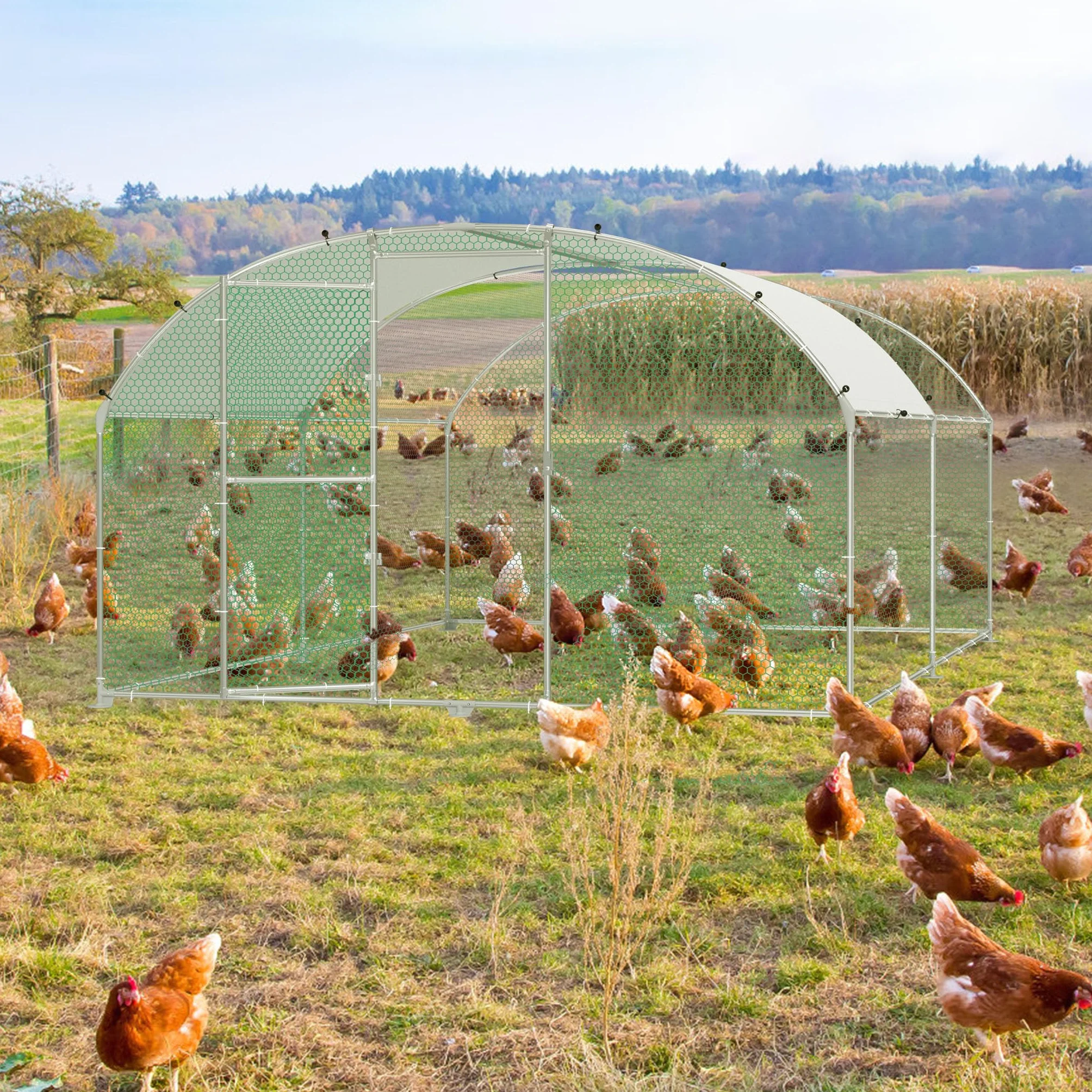 UISEBRT Kurnik 3 x 4 m, klatka dla kur, wybieg, z ocynkowanych rur, wybieg z zamykanymi drzwiami i dachem kopułowym, dla kur, królików, drobiu, małych zwierząt