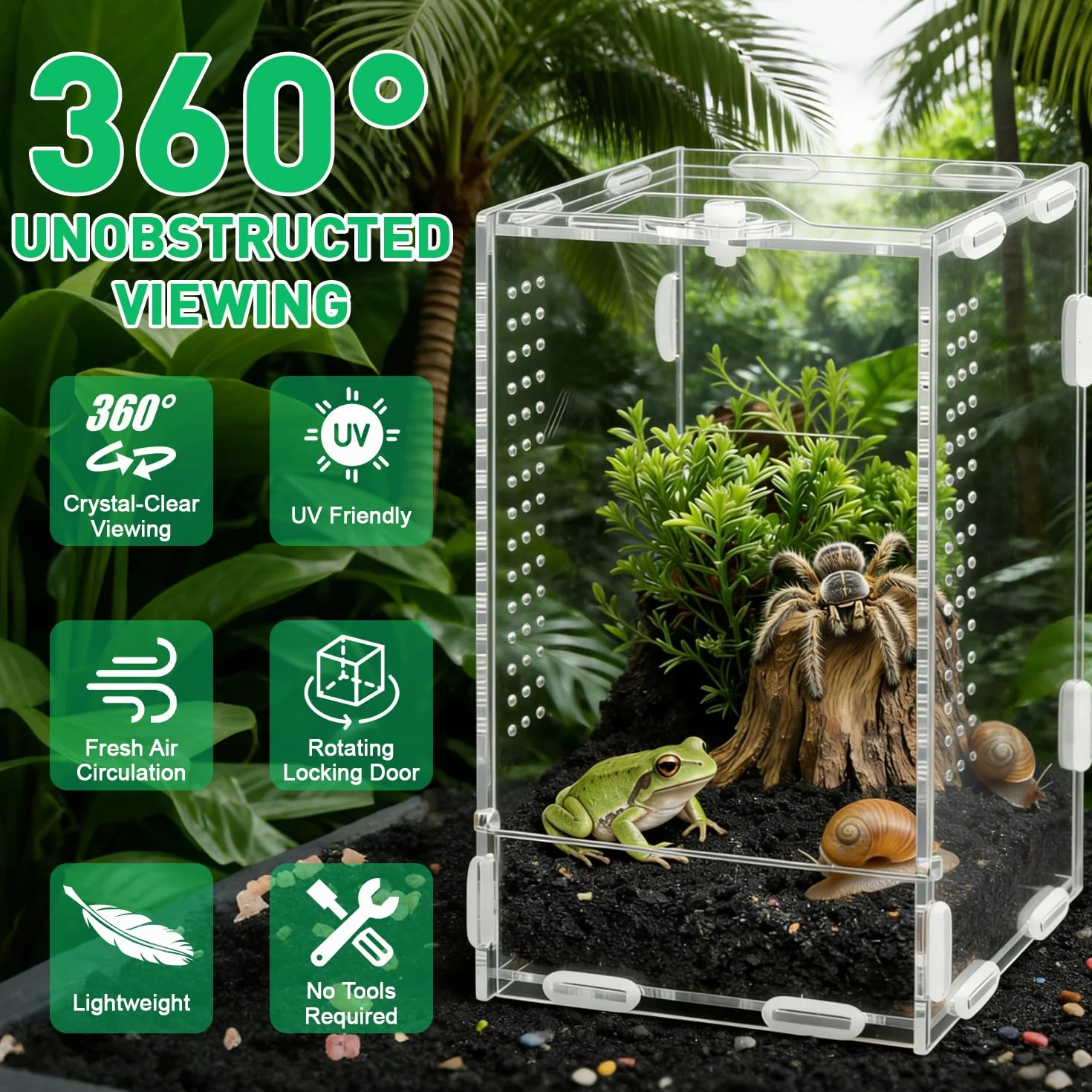 Akrylowe terrarium dla gadów, 20 x 12 x 11 cm, 360° przezroczysta fauna box zawiera pęsetę, oddychające pudełko do hodowli gadów, pudełko do karmienia gadów dla skoczków, jaszczurek, ślimaków