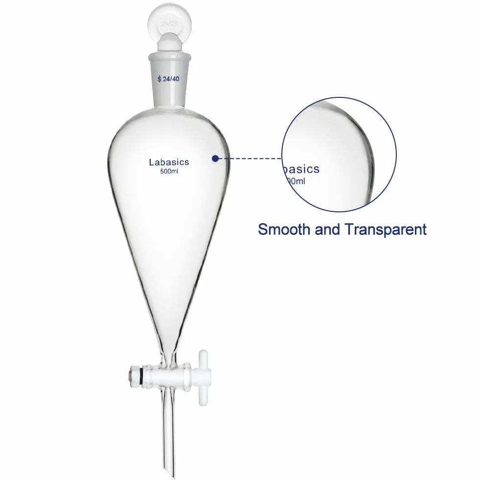 Labasics Stożkowy rozdzielacz ze szkła borokrzemowego 500 ml z zaworem odcinającym PTFE