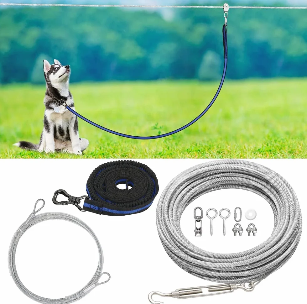 XiaZ Linka uwięzi dla psa, długość 30 m, z nylonową taśmą amortyzującą (bungee) 2,4 m, chroni drzewa, do użytku na zewnątrz