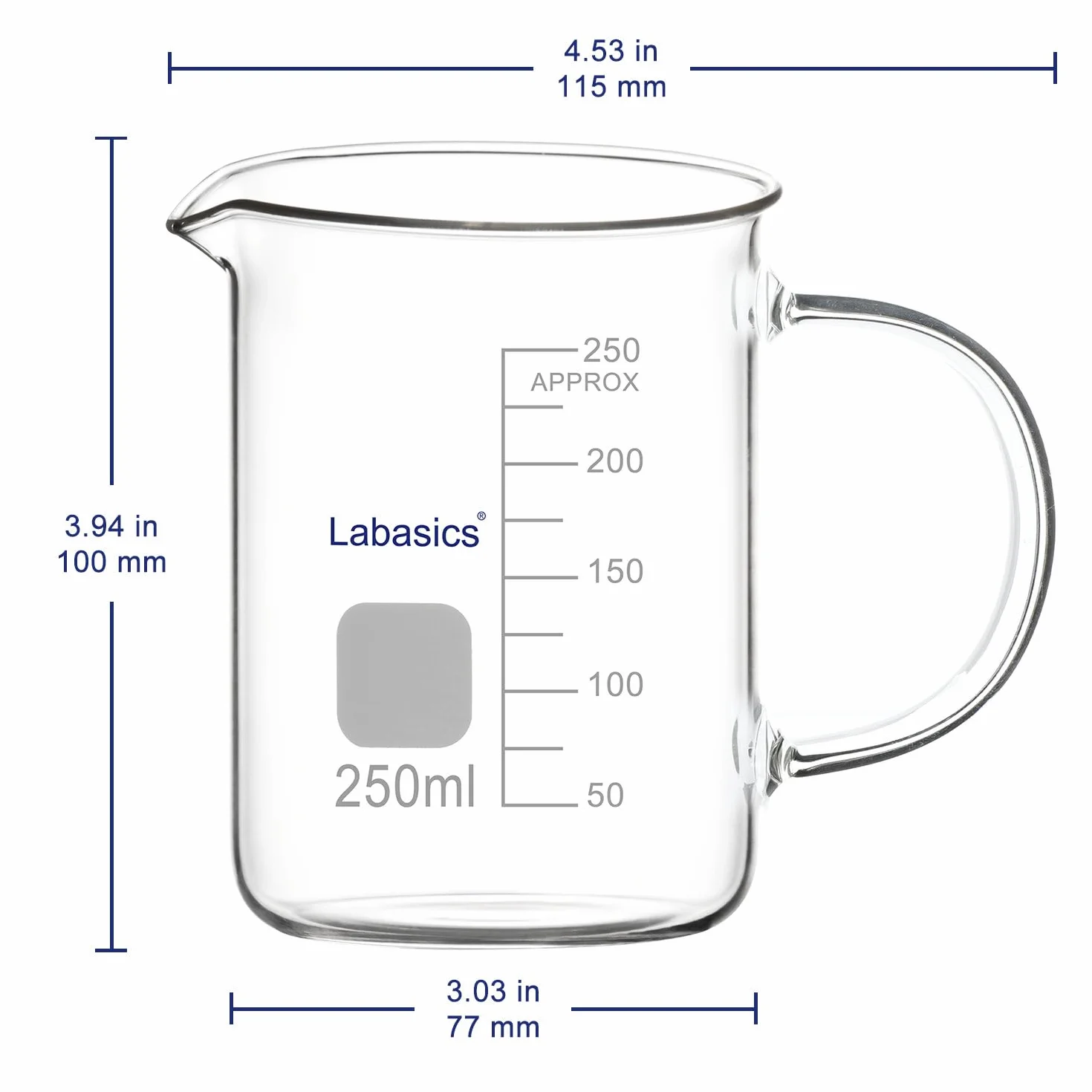 Labasics Szklany kubek, G3.3 szkło borokrzemowe laboratoryjne, zlewka miarowa, przezroczysta zlewka miarowa z uchwytem i wylewem, 250 ml