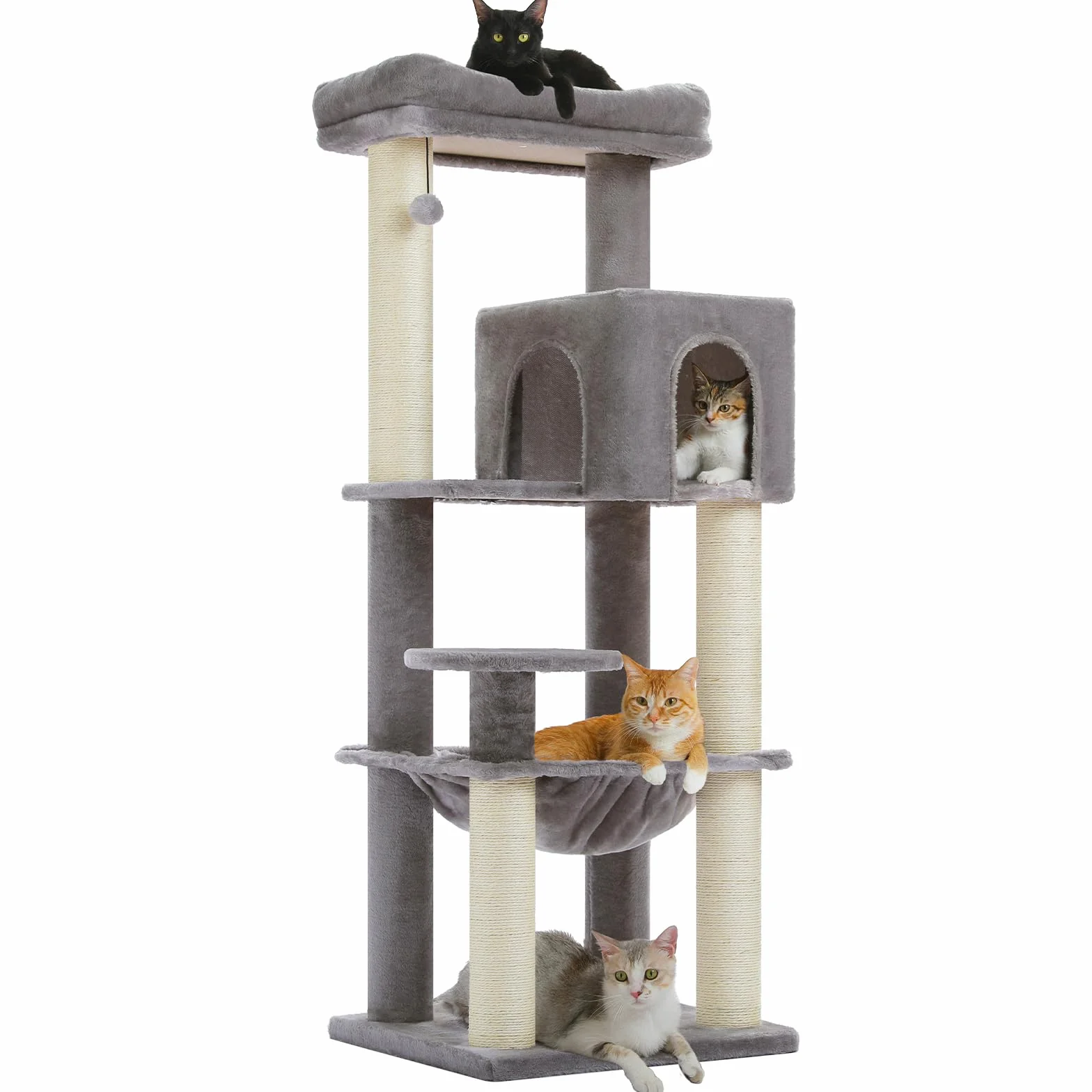 PAWZ Road Duże drzewko dla kota 147 cm z pogrubionymi słupkami do drapania (Ø 8 cm) dla dużych dorosłych kotów 13,6 kg, 57,8 cala, wielopoziomowe centrum aktywności z metalową ramą, duży hamak i