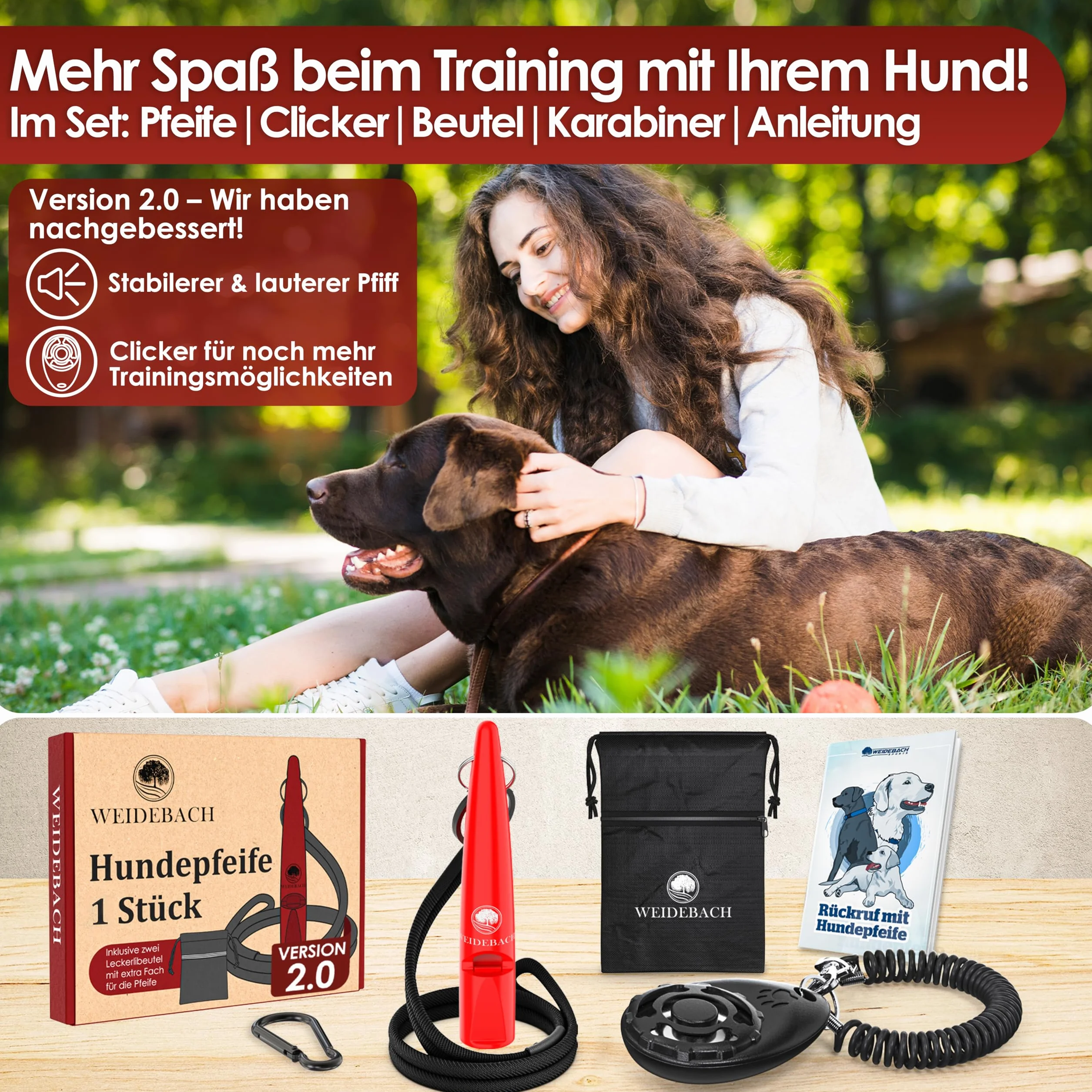 Weidebach® Gwizdek dla psa z głośnym i stałym dźwiękiem, do treningu z psem, znormalizowana częstotliwość, przyjemna taśma i ustnik, w zestawie e-book + woreczek na smakołyki do udanego treningu