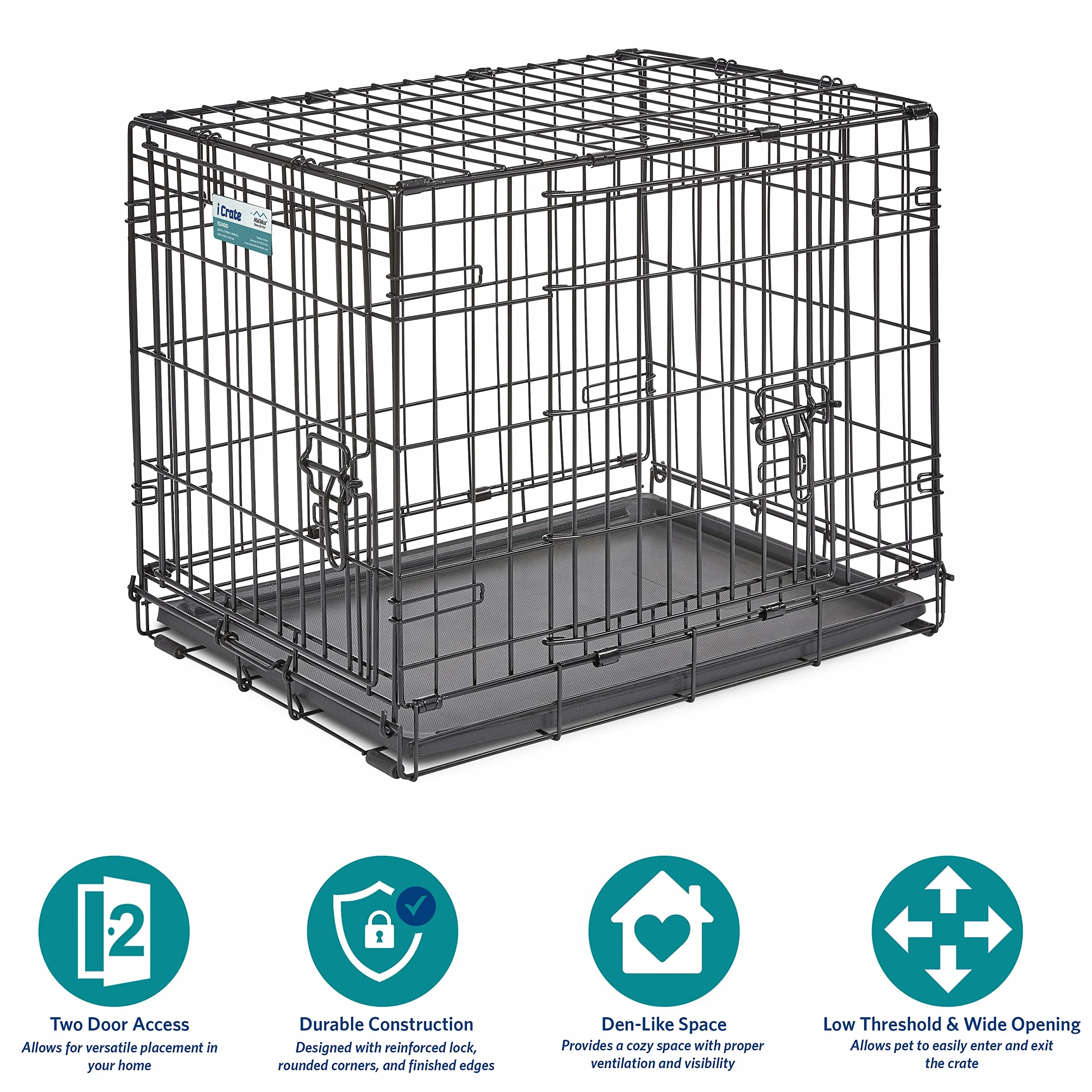 MidWest Homes for Pets 24-Inch Two-Door iCrate Folding Dog Crate with Divider Panel, Leak-Proof Tray & Secure Latches – Metal Wire Kennel for Small Breeds – Portable, Durable & Easy to Assemble
