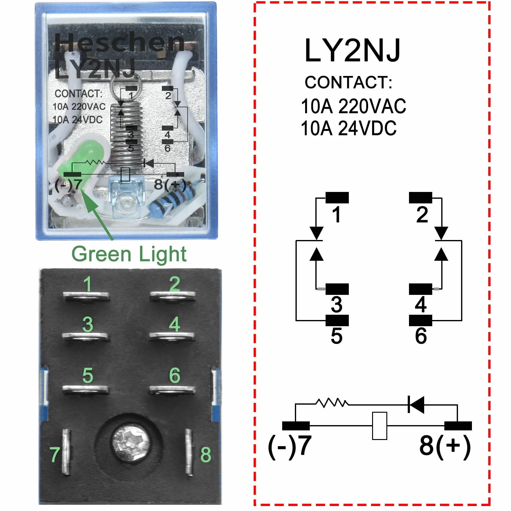 Heschen Przekaźnik zewnętrzny LY2NJ 24 VDC 10 A DPDT LED