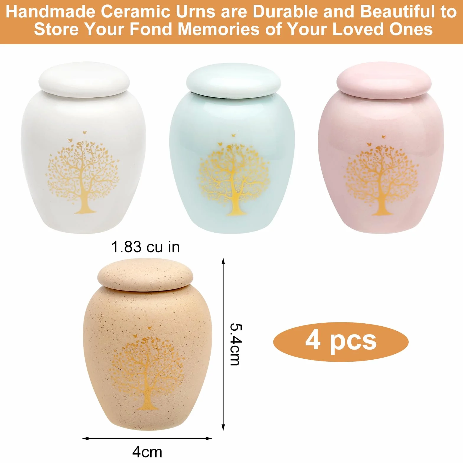 TNSLAND Mała urna na ludzkie prochy – zestaw 4 sztuk ceramicznych mini urn z drzewem życia – dla ludzi, psów, kotów – do bezpiecznego przechowywania