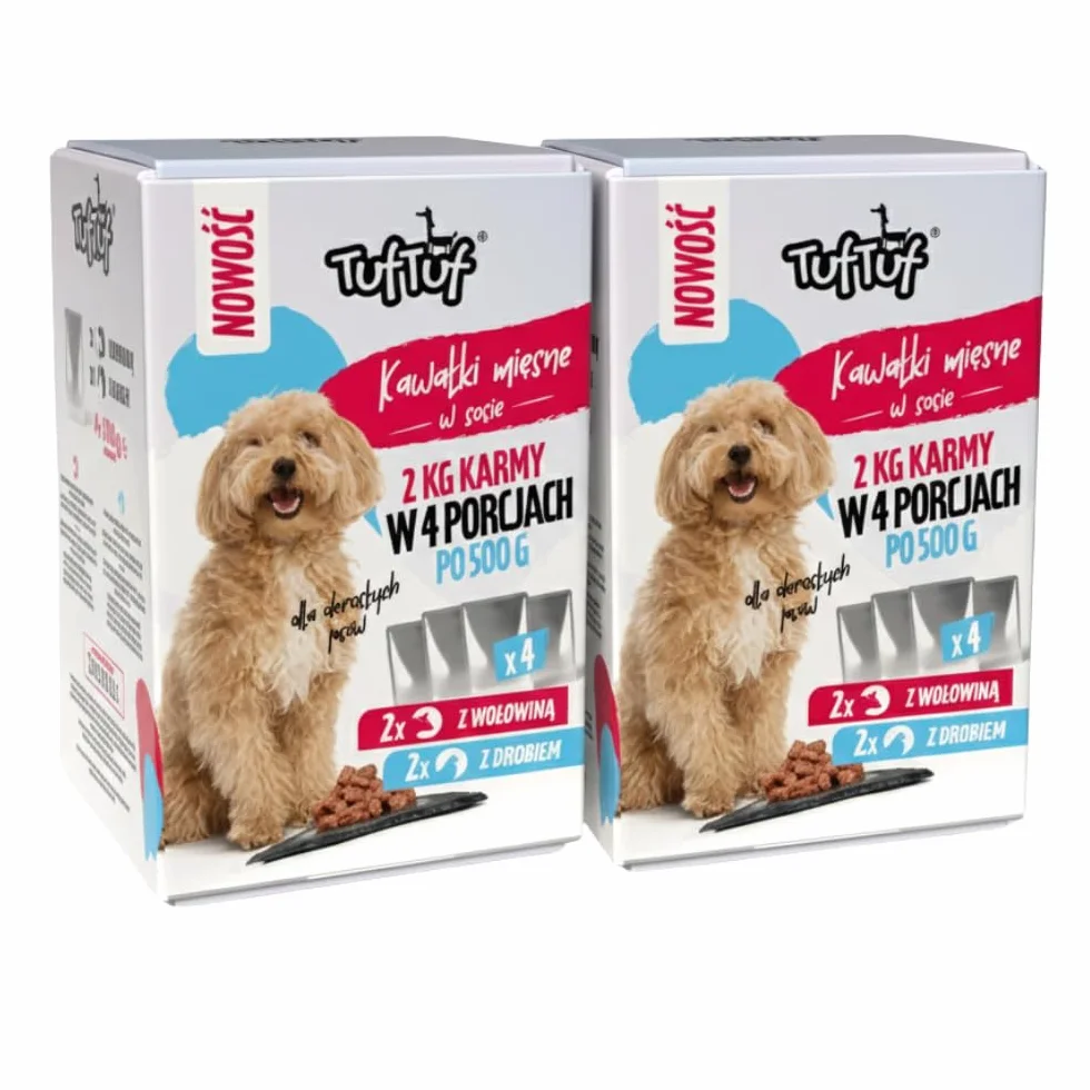 TufTuf Mokra Karma dla Psa MIX Wołowina i Drób 2 kg dla Dorosłych Psów w Sosie Witaminy A D3 E 4 Saszetki po 500 g 2 Opakowania