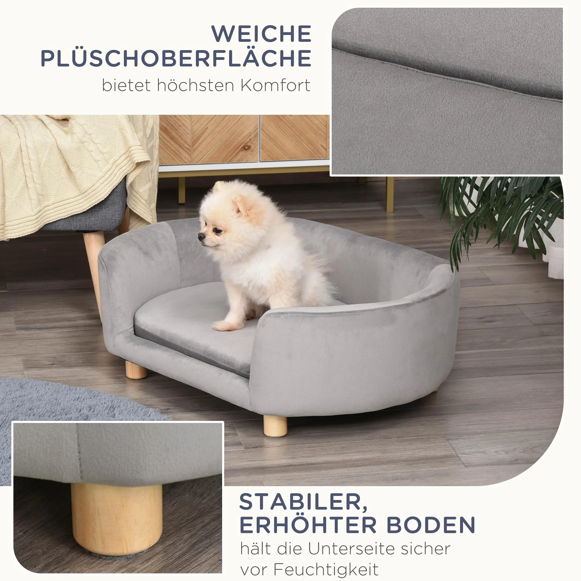 PawHut Sofa dla zwierząt domowych Sofa dla psa Legowisko dla psa holenderski aksamit pianka nogi brzozowe dla kotów psów 86 x 55 x 33 cm jasnoszary