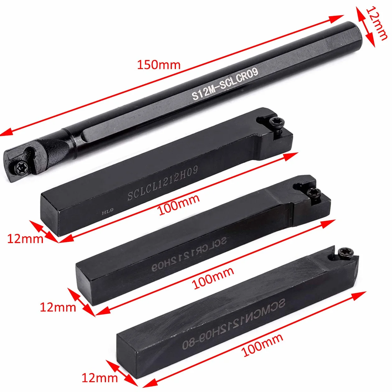 Maizoon Uchwyt narzędziowy do tokarki CNC 4 szt. S12M-SCLCR09 SCLCR1212H09 SCLCL1212H09 SCMCN1212H09 + 10 szt. wkładów z węglika spiekanego + 4 szt. klucz, tokarka wewnętrzna do rowkowania do dużych