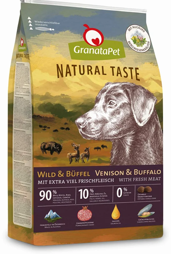 GranataPet Natural Taste Wild & Buffel, sucha karma dla psów, bez zbóż i bez dodatków cukru, pełnoporcjowa karma dla dorosłych psów, 12 kg