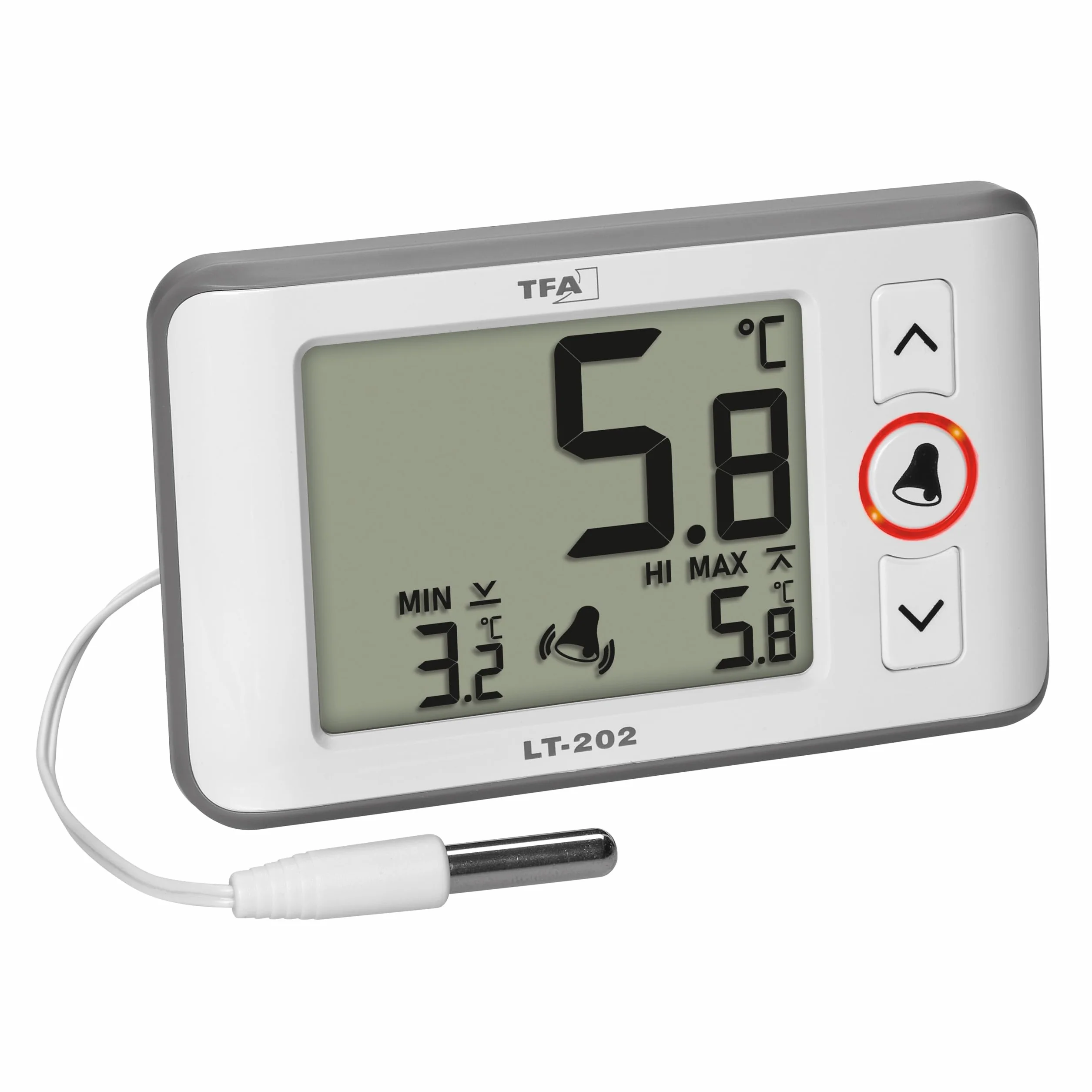 TFA Dostmann Profesjonalny termometr cyfrowy z wodoszczelnym czujnikiem kabla LT202, 30.1052, stałe wyświetlanie wartości maksymalnych i min., alarm temperatury, nadaje się do akwariów/lodówek, biały