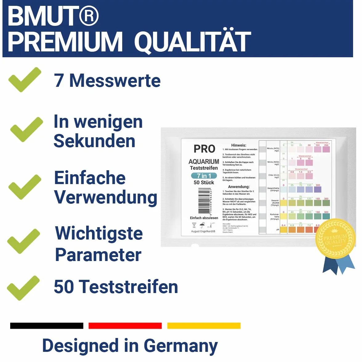 BMUT 50 pasków testowych do akwarium i stawu, wartości wody 7 w 1, np. pH, azotyn, azotan, GH
