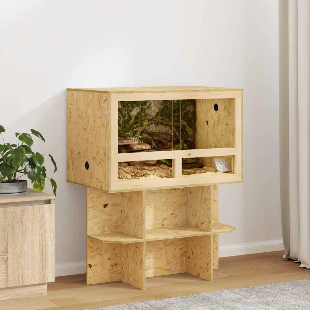 Terrarium OSB 80 x 50 x 100 cm brązowe dla gadów i gryzoni, ze szklanymi drzwiami przesuwnymi i termometrem, rustykalne i przestronne siedlisko dla zwierząt domowych