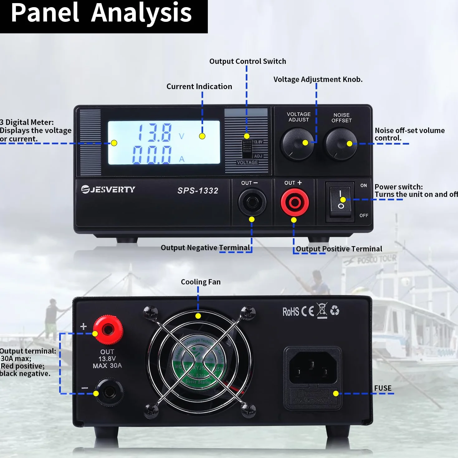 Jesverty SPS-1332 Zasilacz stołowy 30A regulowany AC-DC 13,8V 9-15V
