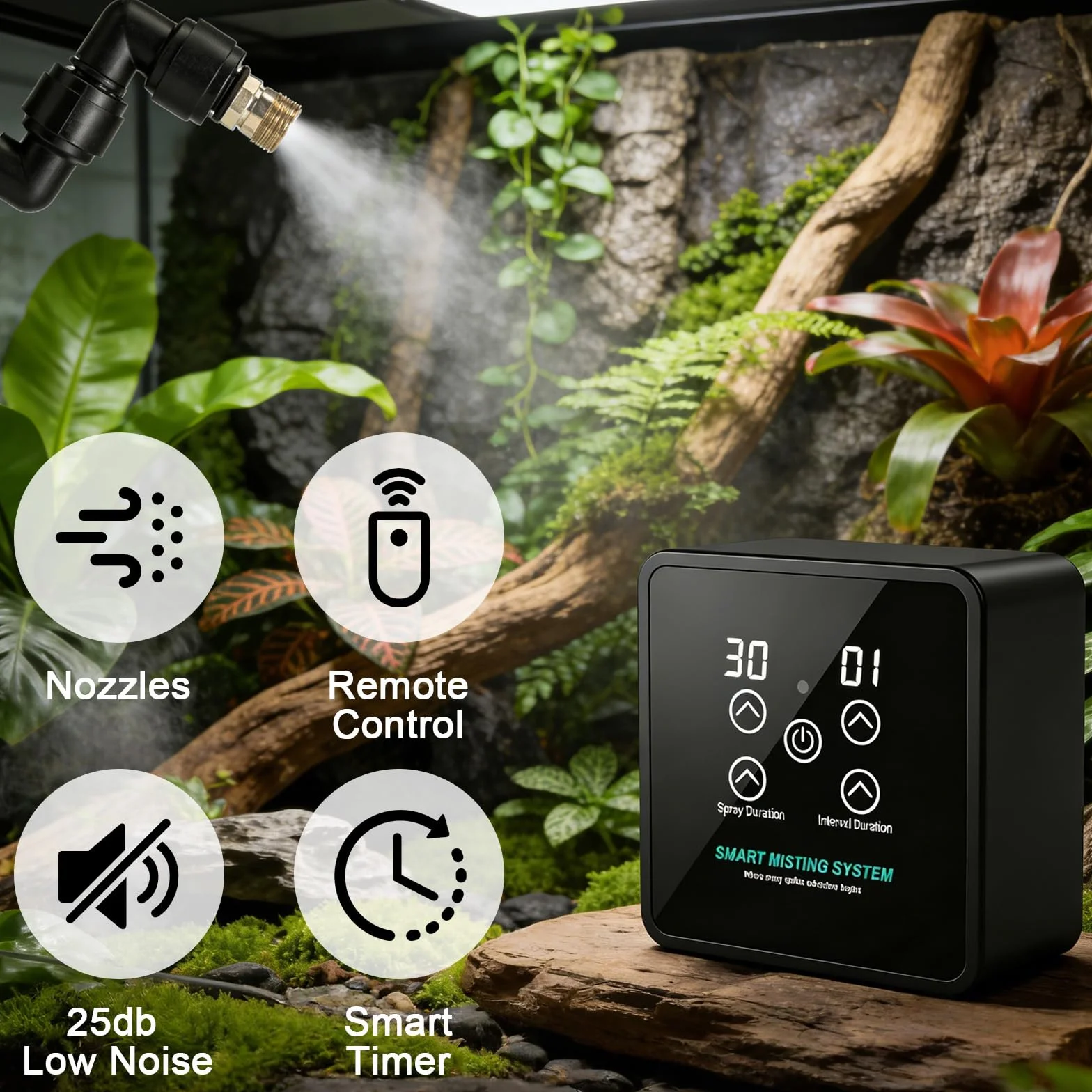Zraszacz terrarium, system mgiełki dla gadów, inteligentny nawilżacz powietrza, terrarium, wielostopniowe oczyszczanie powietrza, system mgiełki, terrarium, cicha praca, nebulizator, pilot zdalnego