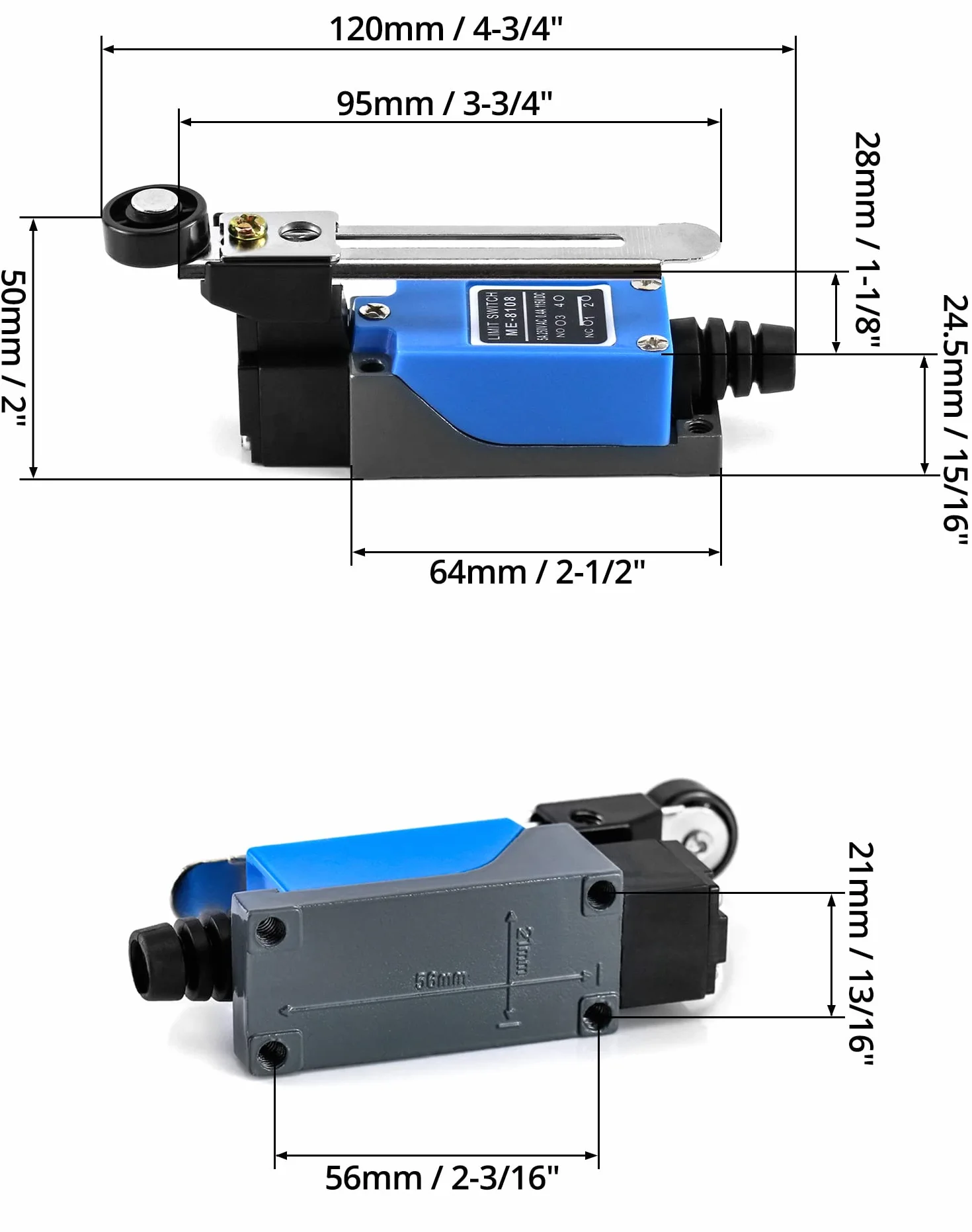 QWORK® 2 szt.Wyłącznik krańcowy, Regulowany wyłącznik krańcowy ramienia dźwigni rolkowej ME-8108, NC + NO (DPDT), router CNC