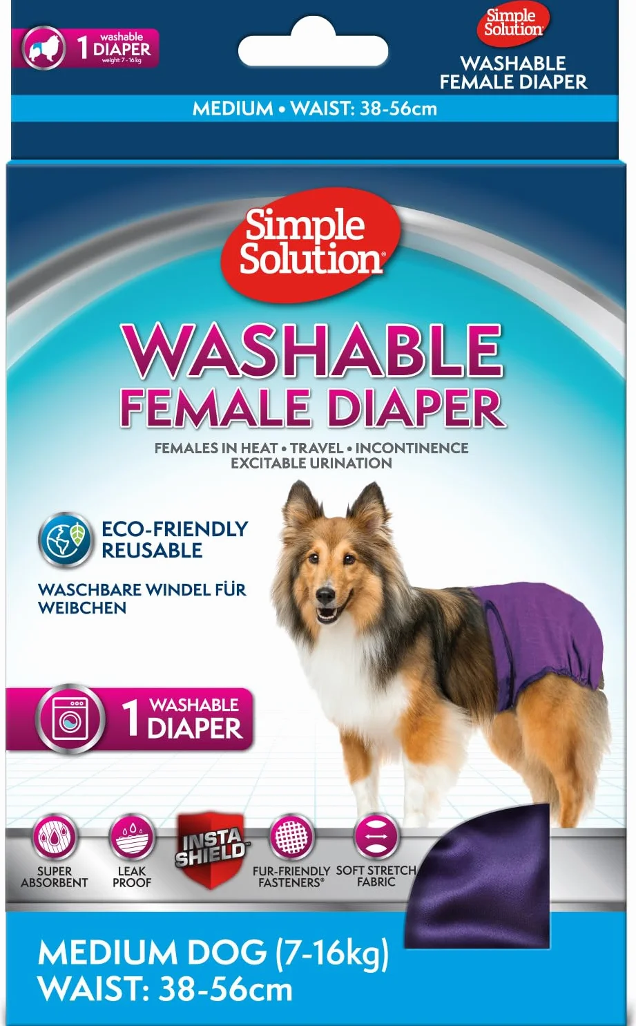 Simple Solution Zmywalne pieluchy dla psów wielokrotnego użytku, Absorbent z szczelnym dopasowaniem - 1 pieluszka dla psa Średni