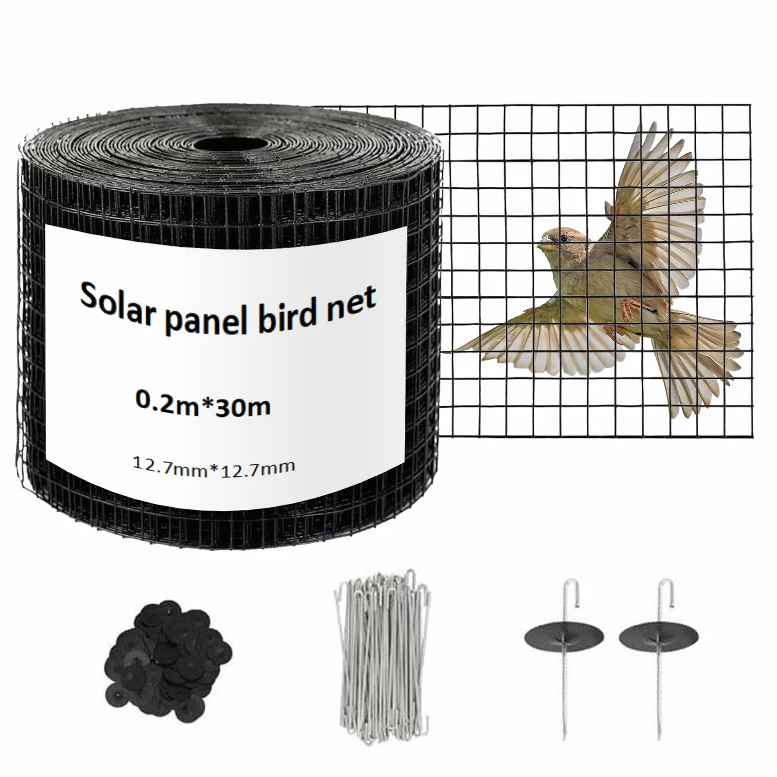 Zestaw siatki do paneli słonecznych, 20 x 30 m, drut stalowy powlekany PCW z 60 klipsami, ochrona przed ptakami i szkodnikami, do paneli słonecznych, kurników, bud dla psów, siatka zabezpieczająca