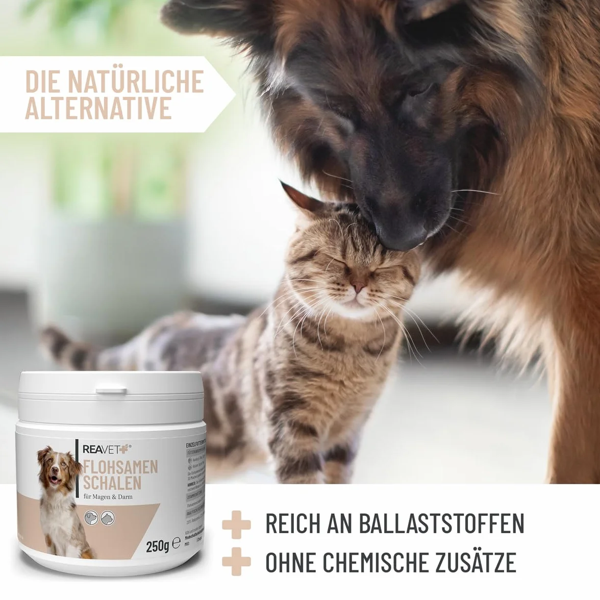 ReaVET Łuski psyllium dla psów i kotów 250 g – naturalne, czyste w jakości premium, bogate w błonnik, bezglutenowe, nasiona pcheł dla psów i kotów w jakości premium, bez dodatków