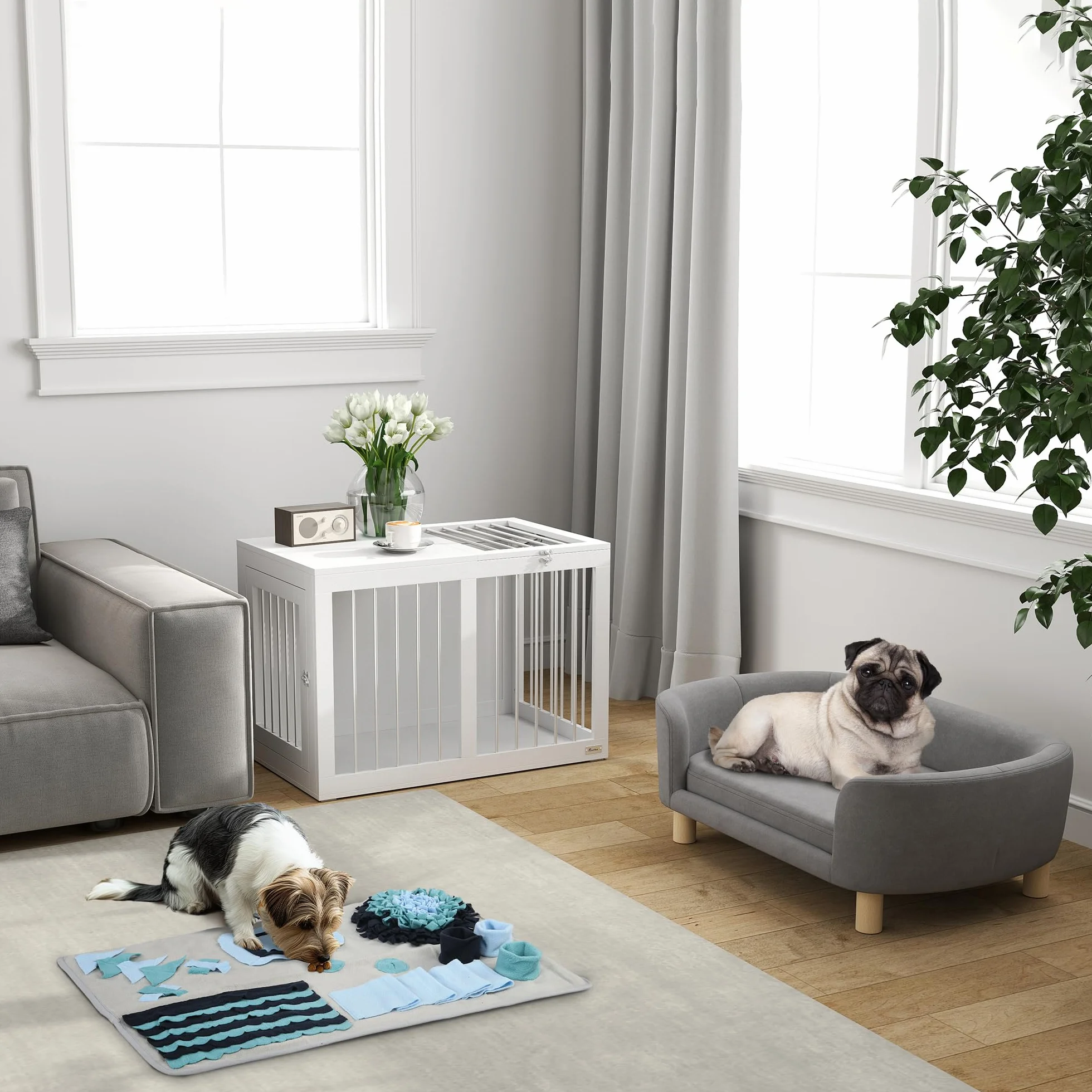 PawHut Sofa dla zwierząt domowych Sofa dla psa Legowisko dla psa holenderski aksamit pianka nogi brzozowe dla kotów psów 86 x 55 x 33 cm jasnoszary