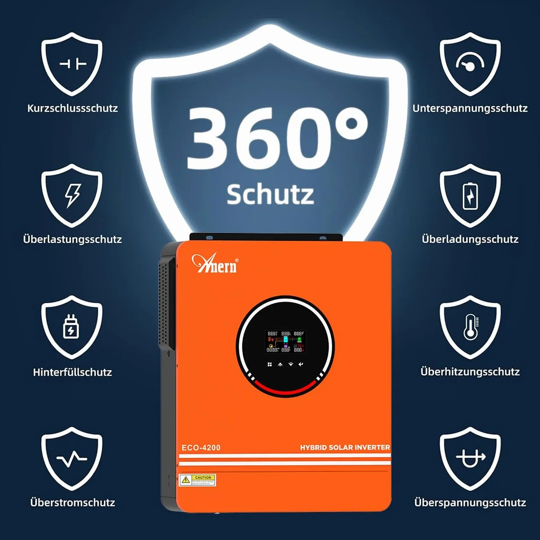 Anern 4200W Hybrydowy falownik solarny 24V DC na 220-230V AC Napięcie wejściowe PV maks. 500V Wbudowany kontroler słoneczny MPPT 120A Współpracuje z akumulatorami litowo-kwasowymi 24V