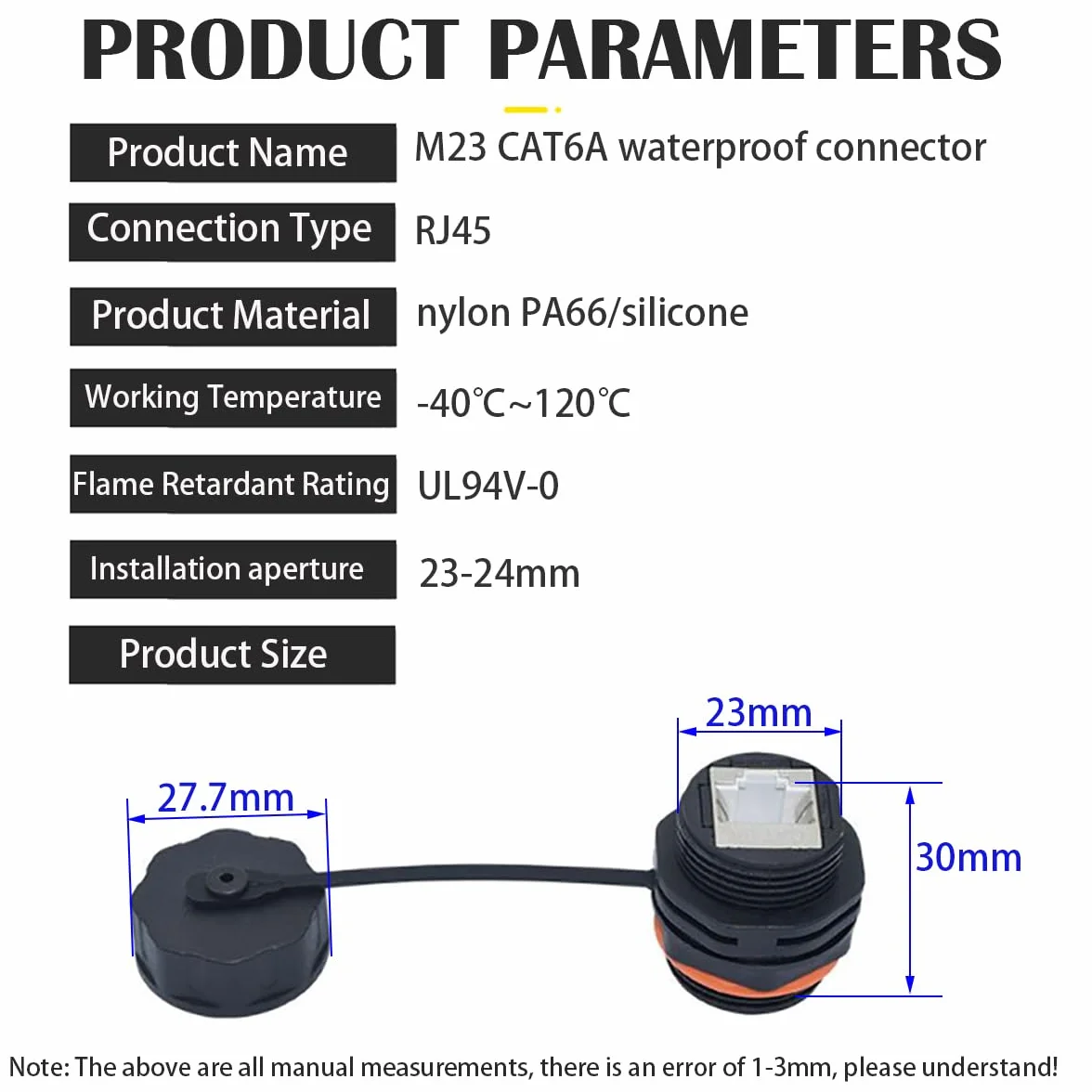 CTRICALVER Wodoodporne złącze RJ45, ekranowane złącze kabla Ethernet LAN CAT6A/6/5E/5, przemysłowe złącze dokujące do montażu na panelu żeńskim z wodoodpornym/osłoną przeciwpyłową (1 szt.)