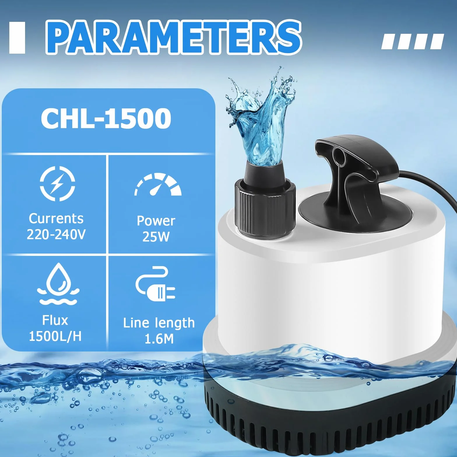 EXLECO Ultra cicha mini pompa wodna do akwarium zatapialna maks. 1500 l/h 25 W 220-240 V pompka zewnętrzna fontanna z kablem 1,6 m z 3 dyszami próżniowa do stawu ogrodowego
