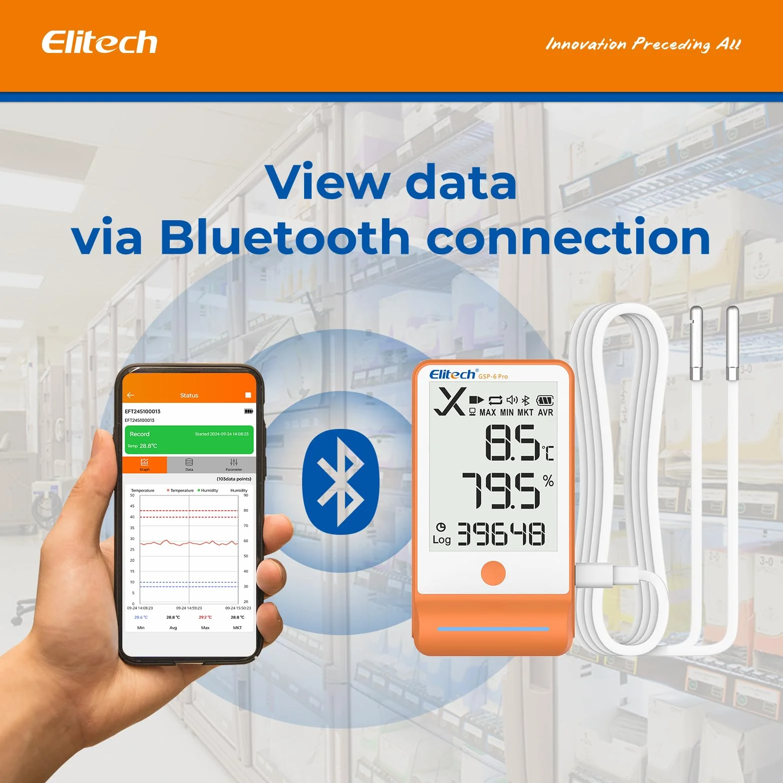 Elitech Rejestrator temperatury i wilgotności GSP-6 duży wyświetlacz LCD łańcuch chłodniczy