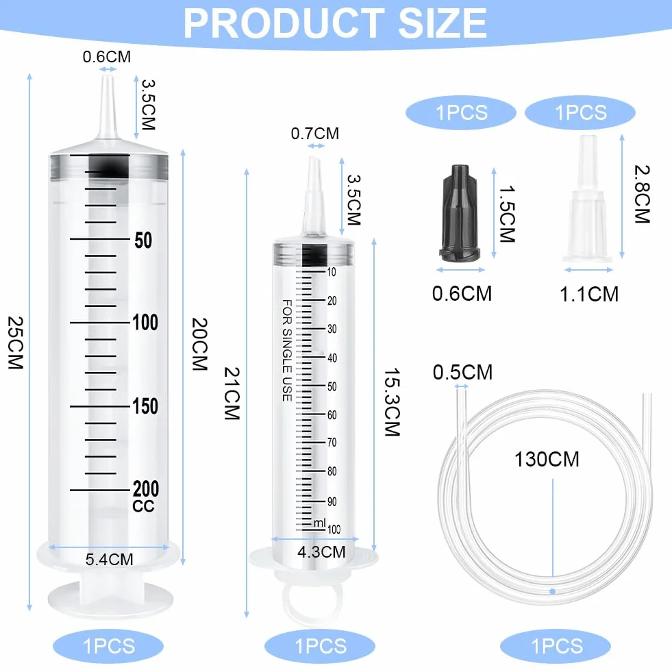OFFCUP Strzykawki z tworzywa sztucznego, 100 ml i 200 ml, strzykawka bez igły, wielokrotnego użytku, z 1 cewnikiem, duże strzykawki do laboratoriów, do dozowania zwierząt