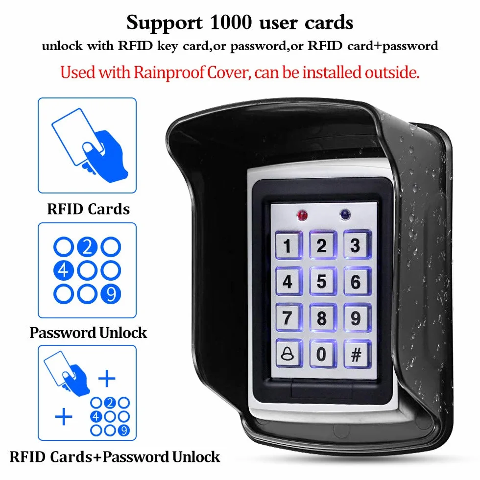 KUMU 7612 Zewnętrzny wodoodporny system kontroli dostępu do drzwi RFID, metalowa klawiatura, 180 kg, zamek magnetyczny, osłona przeciwdeszczowa, przycisk wyjścia, 15 breloków do domu, biura, czarna