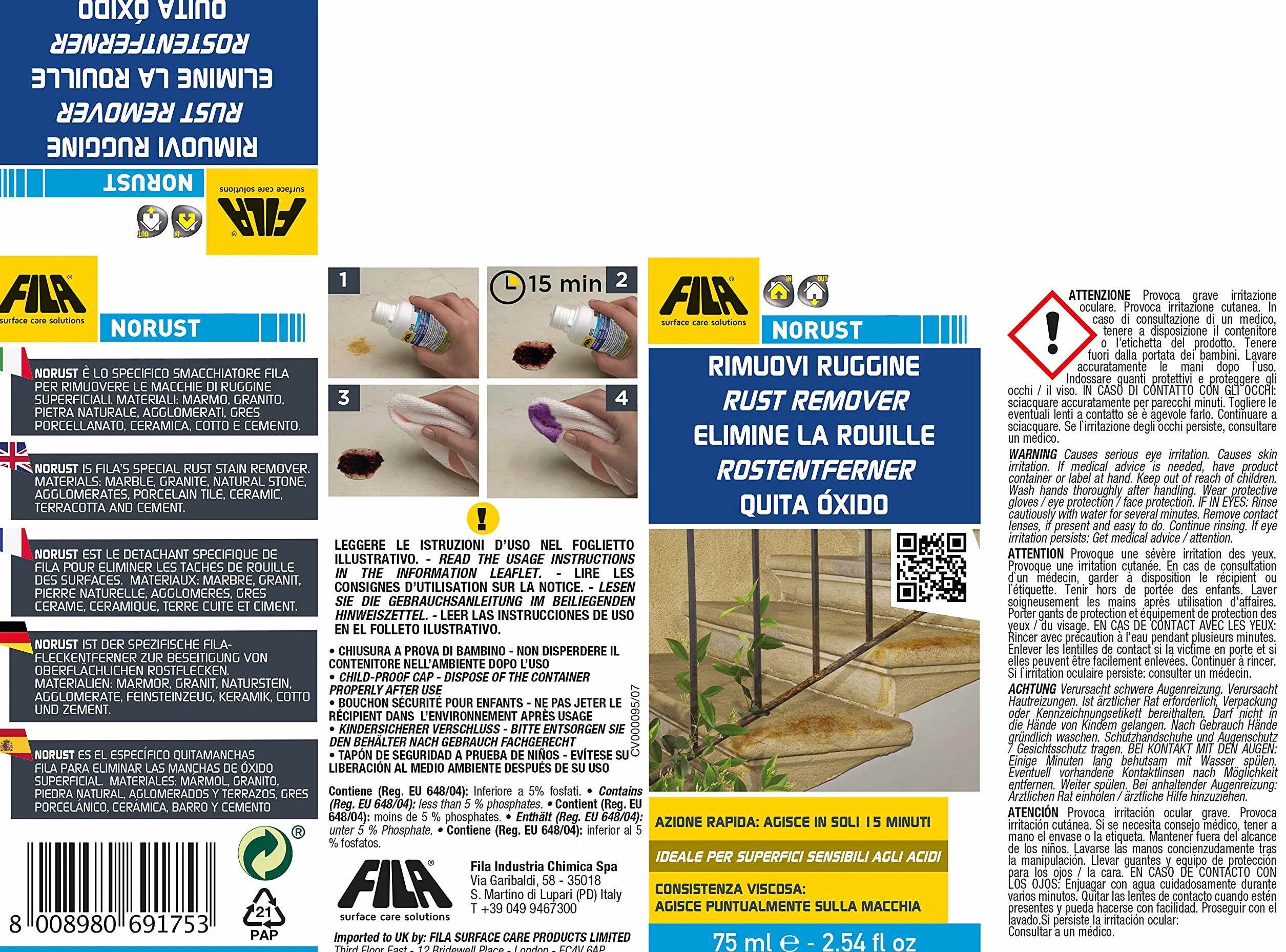 FILA Surface Care Solutions, NO RUST, środek do usuwania plam, przeznaczony do usuwania plam rdzy, 75 ml