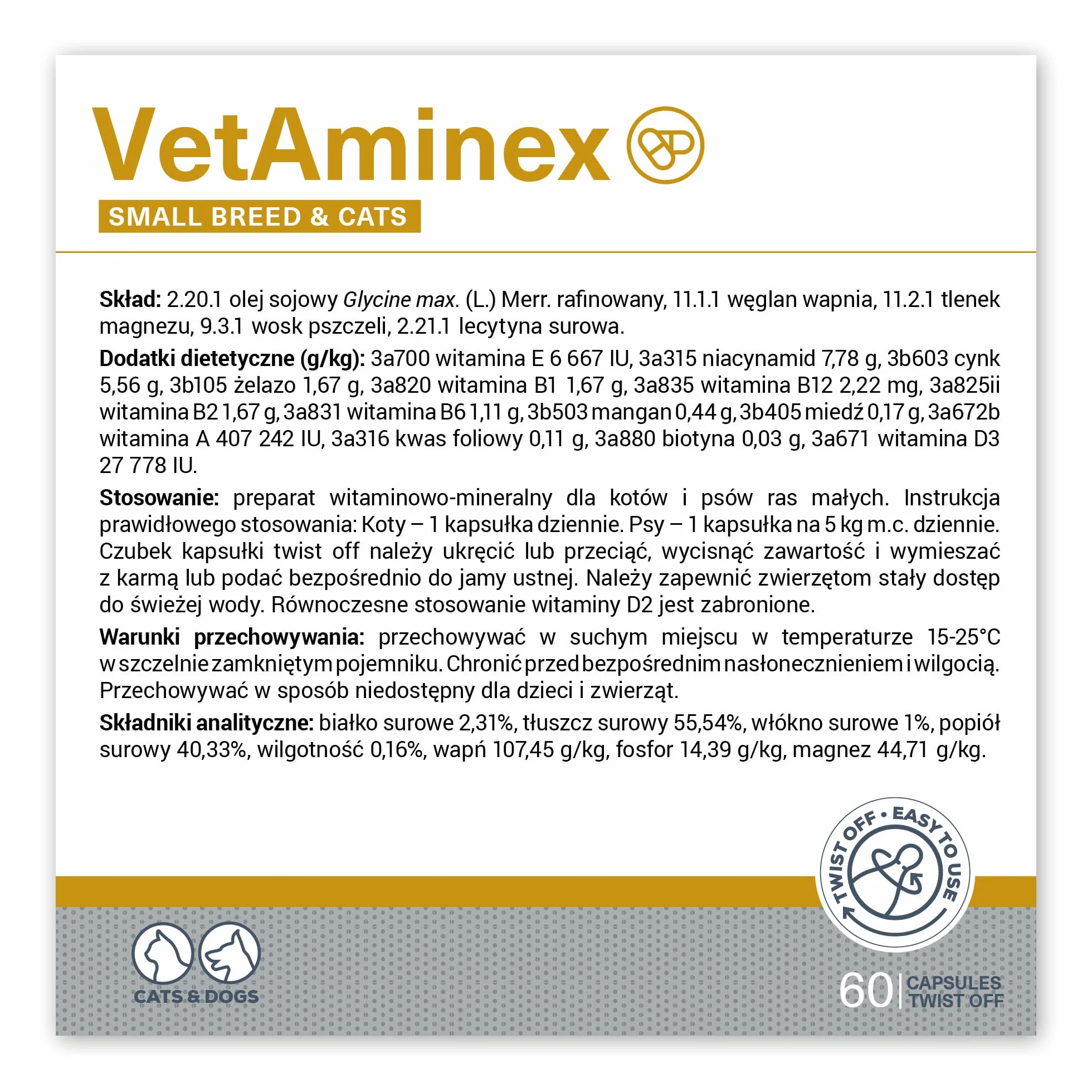 VETAMINEX SMALL BREED&CATS - preparat witaminowo-mineralny dla psów ras małych i kotów 60 kapsułek Twist Off