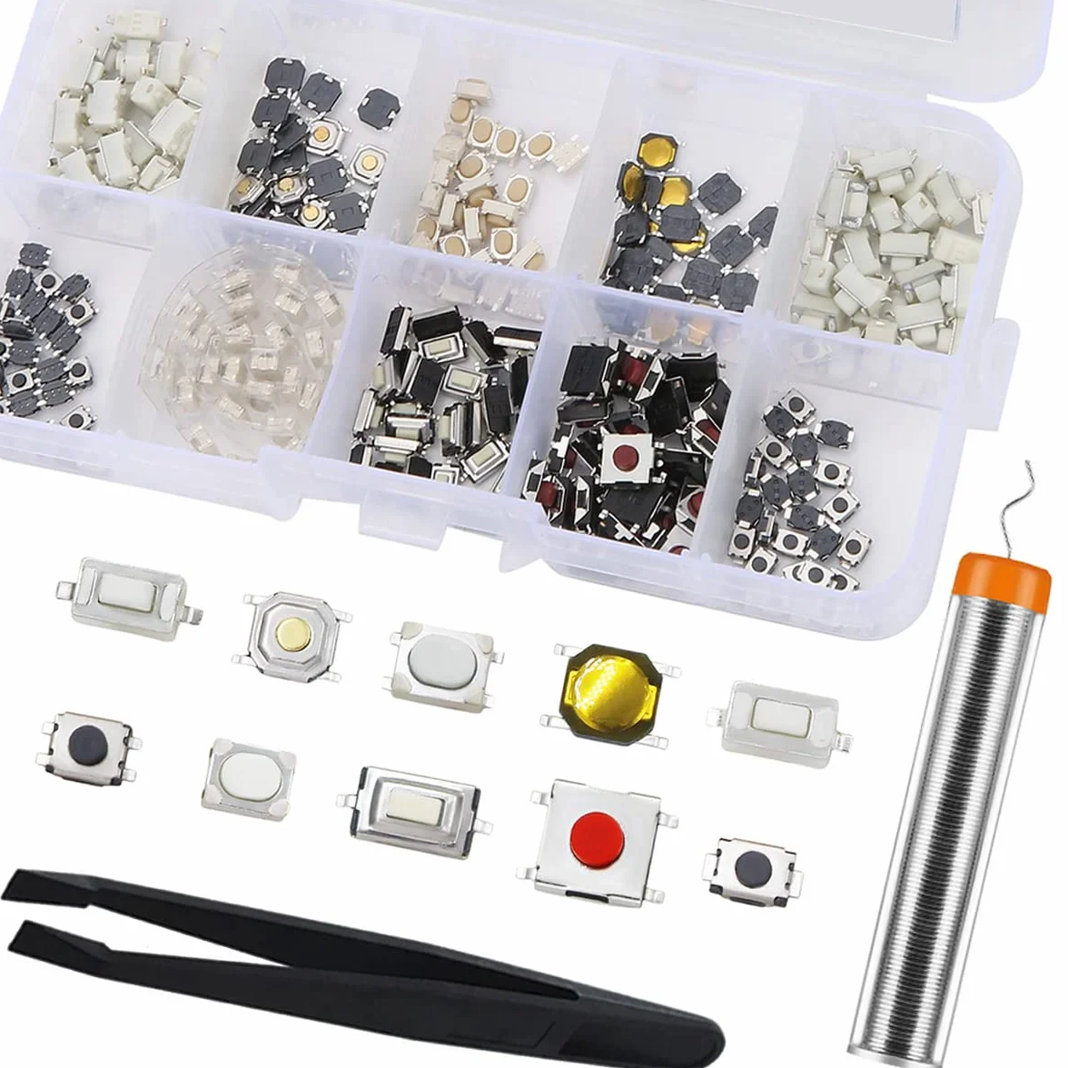 10 Value Micro Switch Dotykowy Przycisk Push Button, Momentary Tact Asortyment Zestaw Przełącznik kart elektronicznych (250 sztuk) z plastikowym pudełkiem do pilota samochodowego