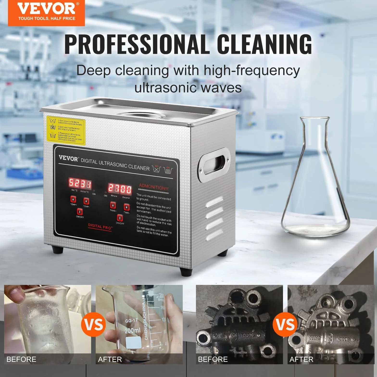 VEVOR Ultradźwiękowe urządzenie do czyszczenia ze stali nierdzewnej 150 W, 3 l, urządzenie do czyszczenia ultradźwiękowego z cyfrowym wyświetlaczem 0-30 min, czyszczenie ultradźwiękowe biżuterii,