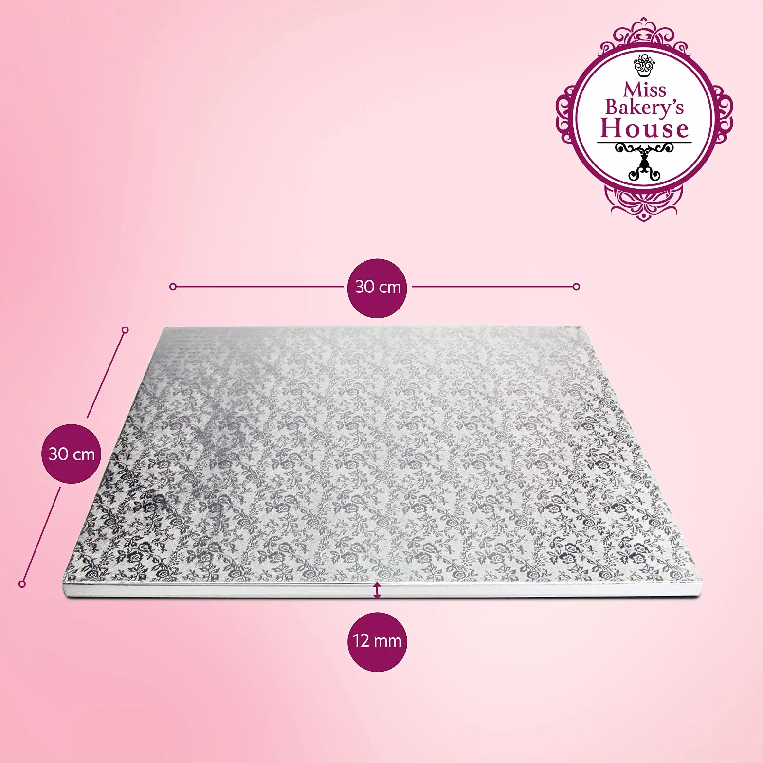 Miss Bakery's House® Cake Drum - Bęben do ciasta - 12 mm - 30x30 cm - srebrny - 5 sztuk - stojak na ciasto - talerz - gruby - mocny - powlekany - kwadratowy