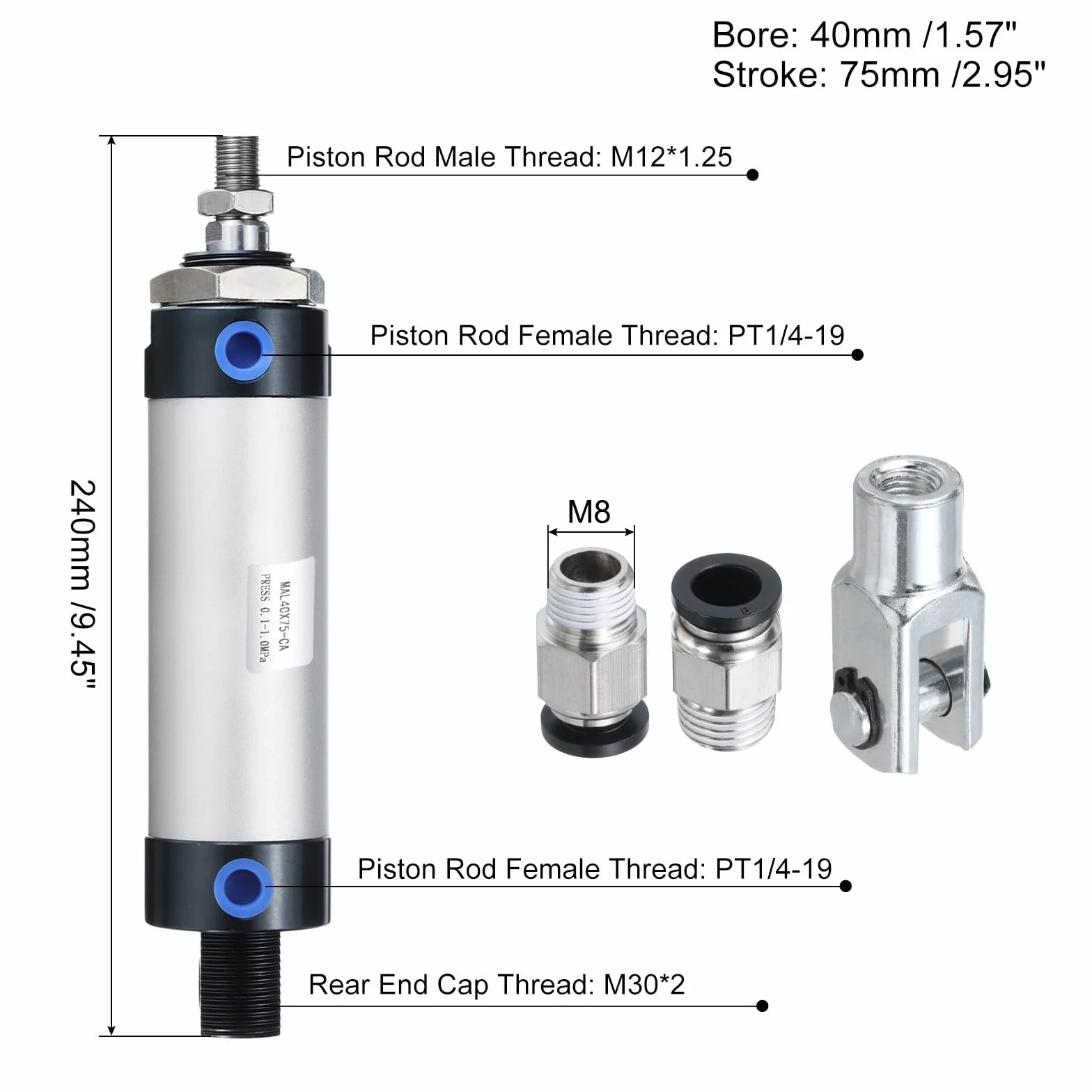 PATIKIL Pneumatyczny cylinder pneumatyczny 40 mm, otwór 75 mm, pojedynczy pręt MAL16 podwójne działanie z 1 szt. złącza Y, 2 szt. szybkozłączki, 1 x taśma do urządzeń automatycznych, srebrny