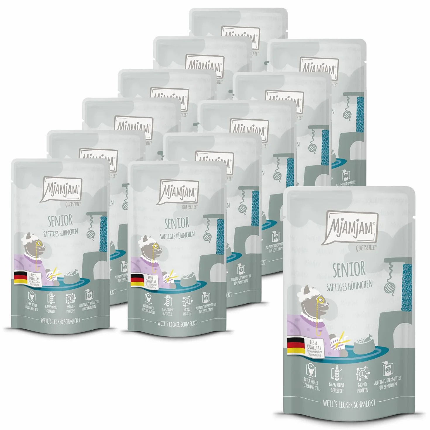 MjAMjAM - Karma mokra premium dla kotów - Quetschie - Senior - soczysty kurczak, 12 opakowań (12x125g), bezzbożowa