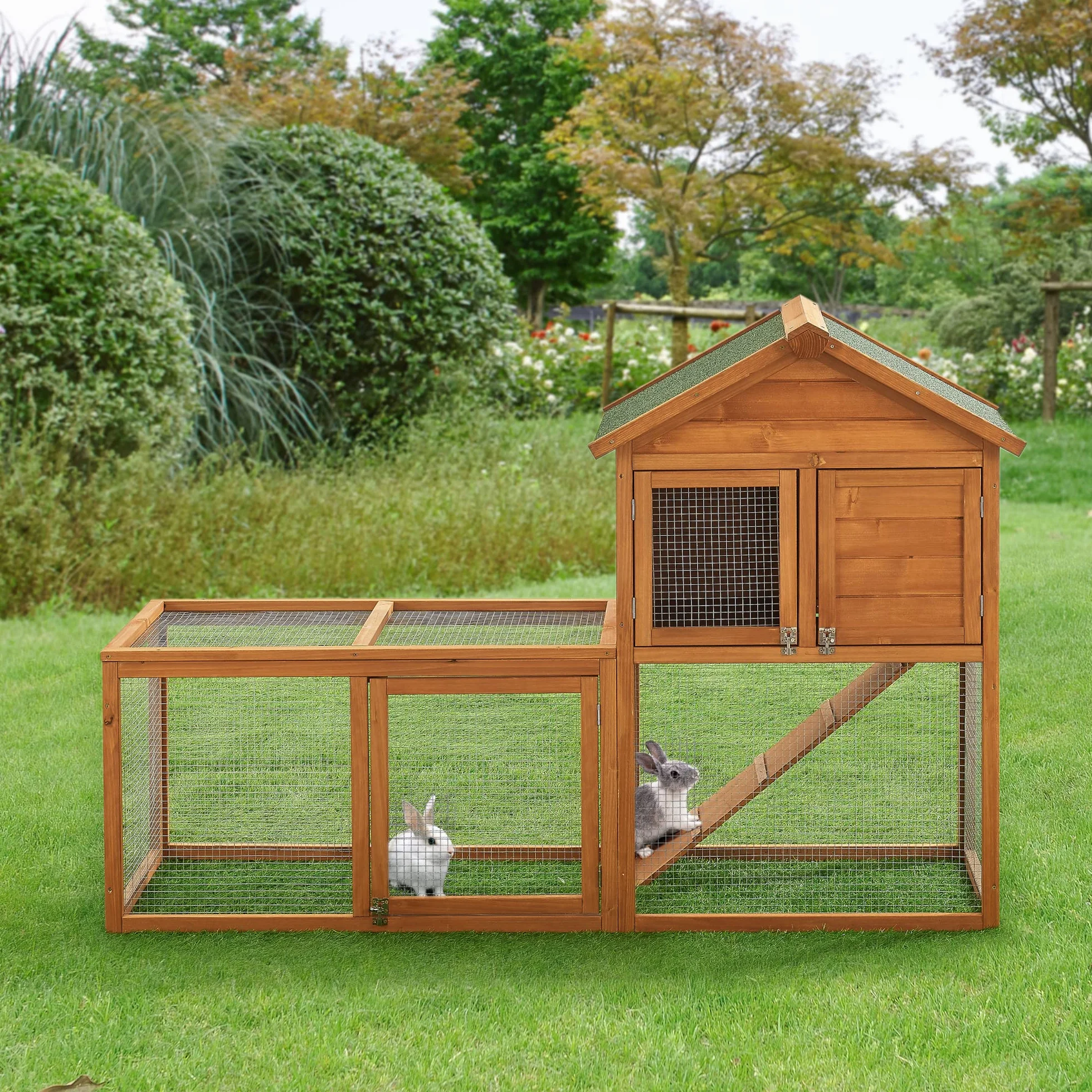 [en.casa] Kelkheim domek dla królików, 110 x 160 x 61 cm, domek dla królików, podwójny poziom, wybieg dla małych zwierząt, domek dla gryzoni z dachem bitumicznym drewno jodłowe
