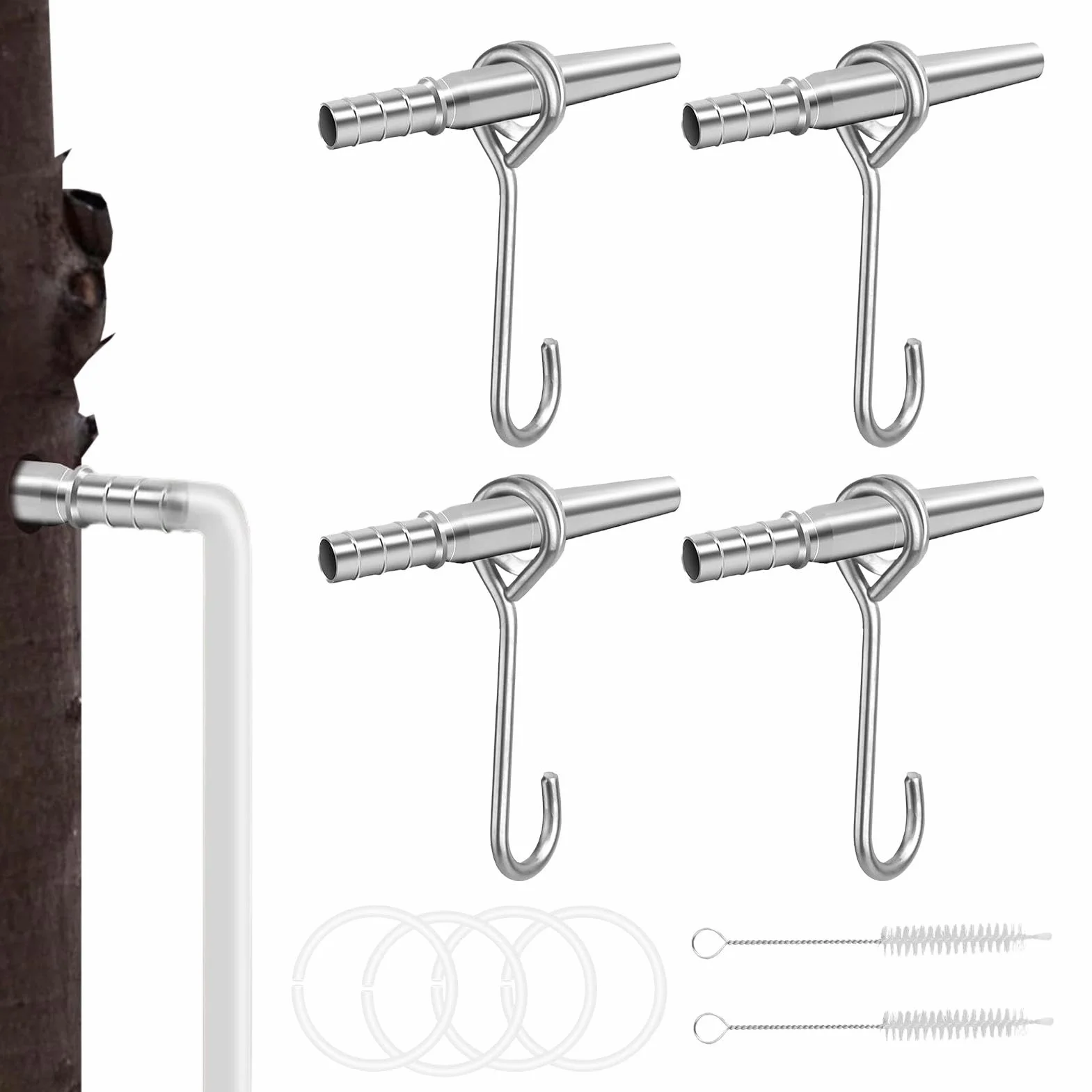 Sap Tapping Kit 4 Set Portable Trunk Faucet 100cm Stainless Steel Tapping Spouts Maple Trees Tap Spiles Tree Sap Collection Drill Bits Cleaning Brushes