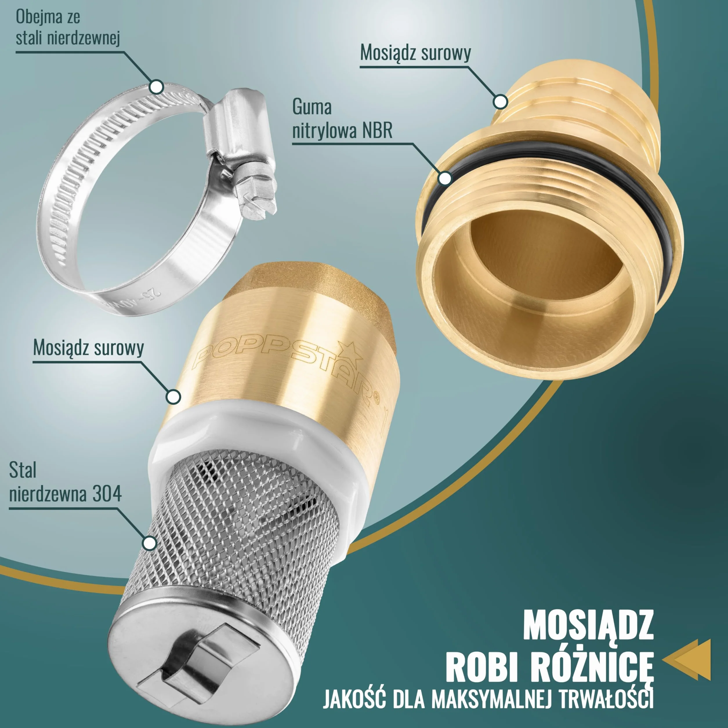 Poppstar zawór nożny 1 1/4" mosiężny zawór zwrotny z koszem ze stali nierdzewnej