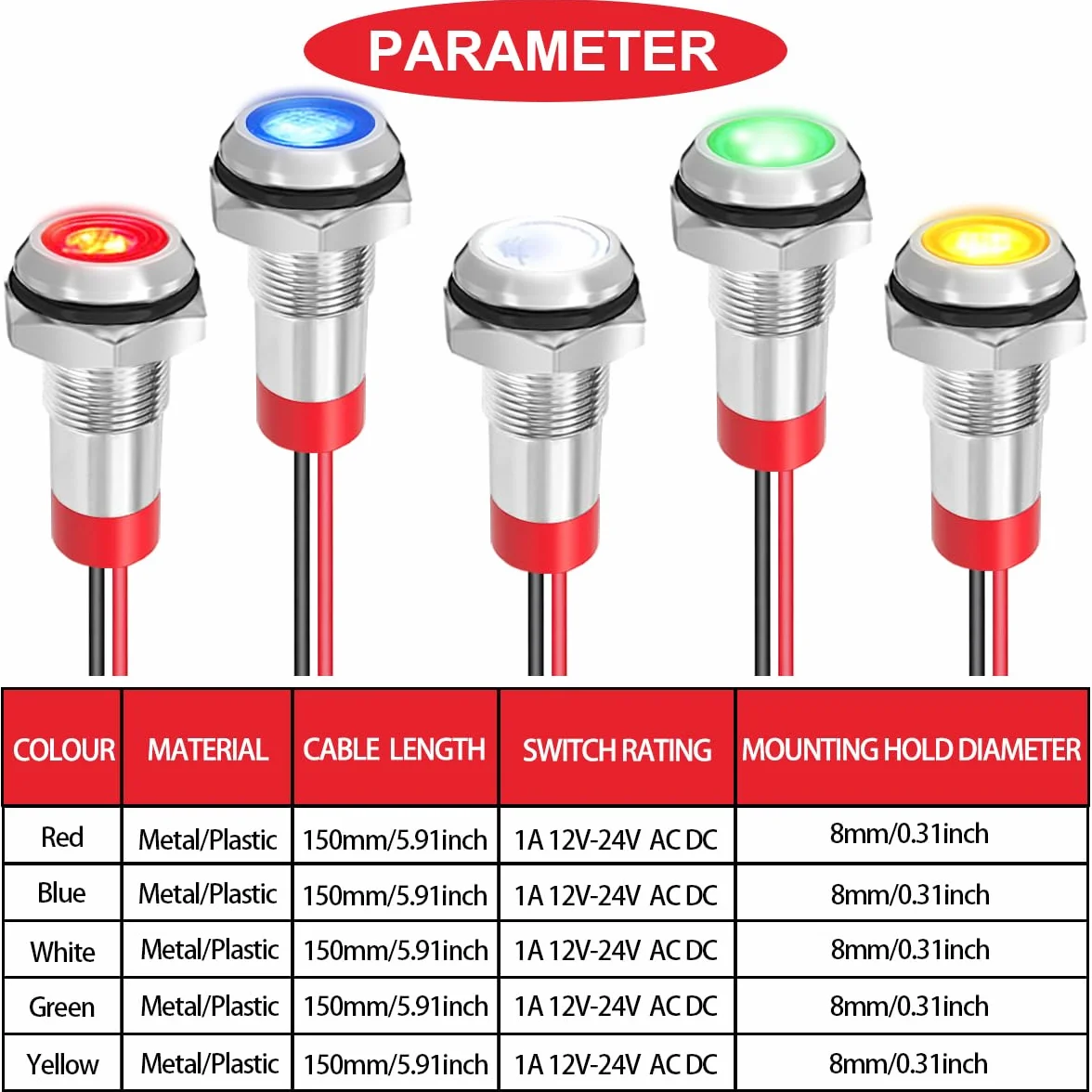10 szt. 8 mm AC/DC 12-24 V LED metalowa lampa sygnalizacyjna, wodoszczelna, 5 kolorów (czerwony/żółty/niebieski/zielony/biały) z kablem o długości 150 mm, metalowy kierunkowskaz LED i