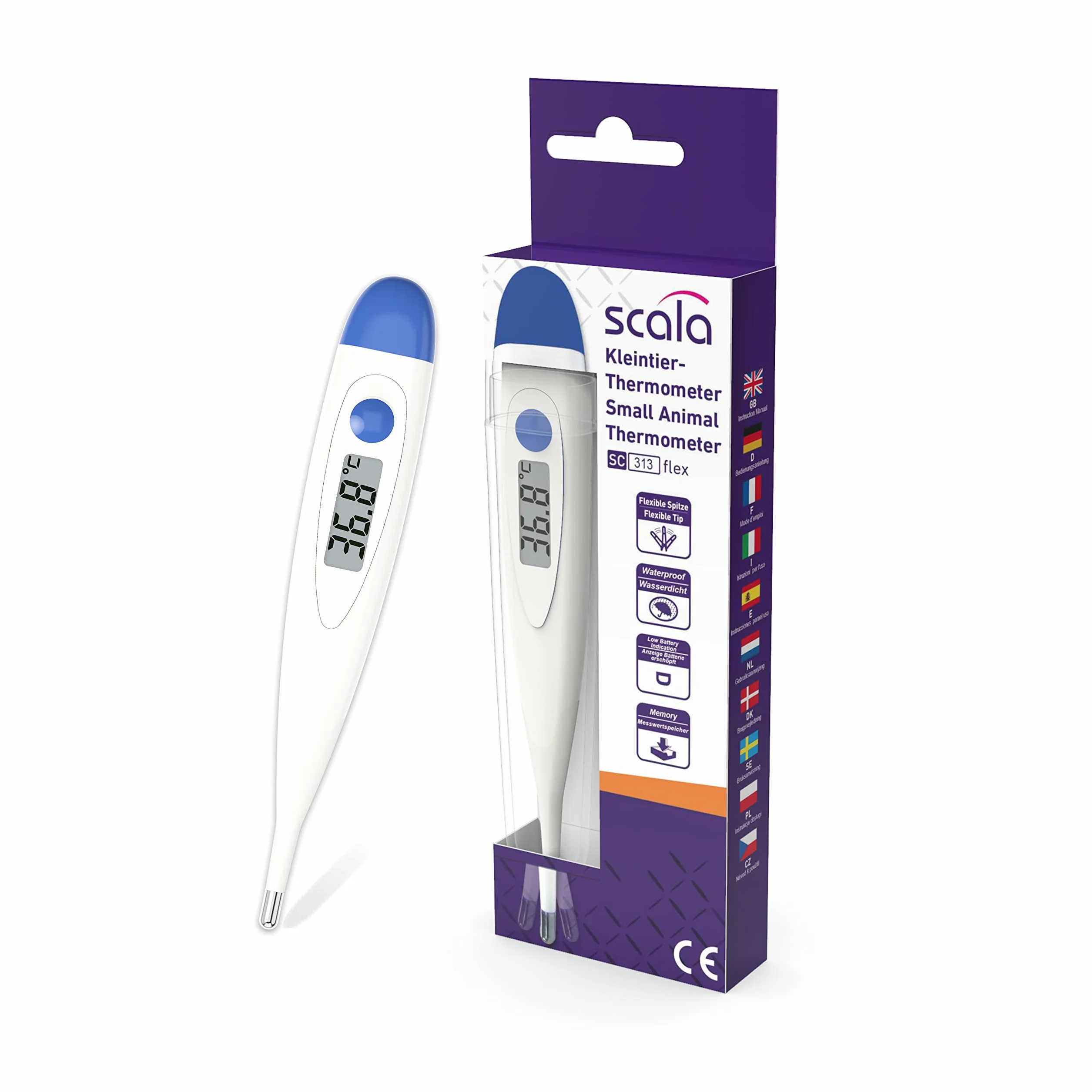 SC 313 flex Speed termometr dla zwierząt domowych, z elastyczną końcówką pomiarową do delikatnego pomiaru temperatury ciała dla małych ssaków, takich jak psy, koty i chomiki