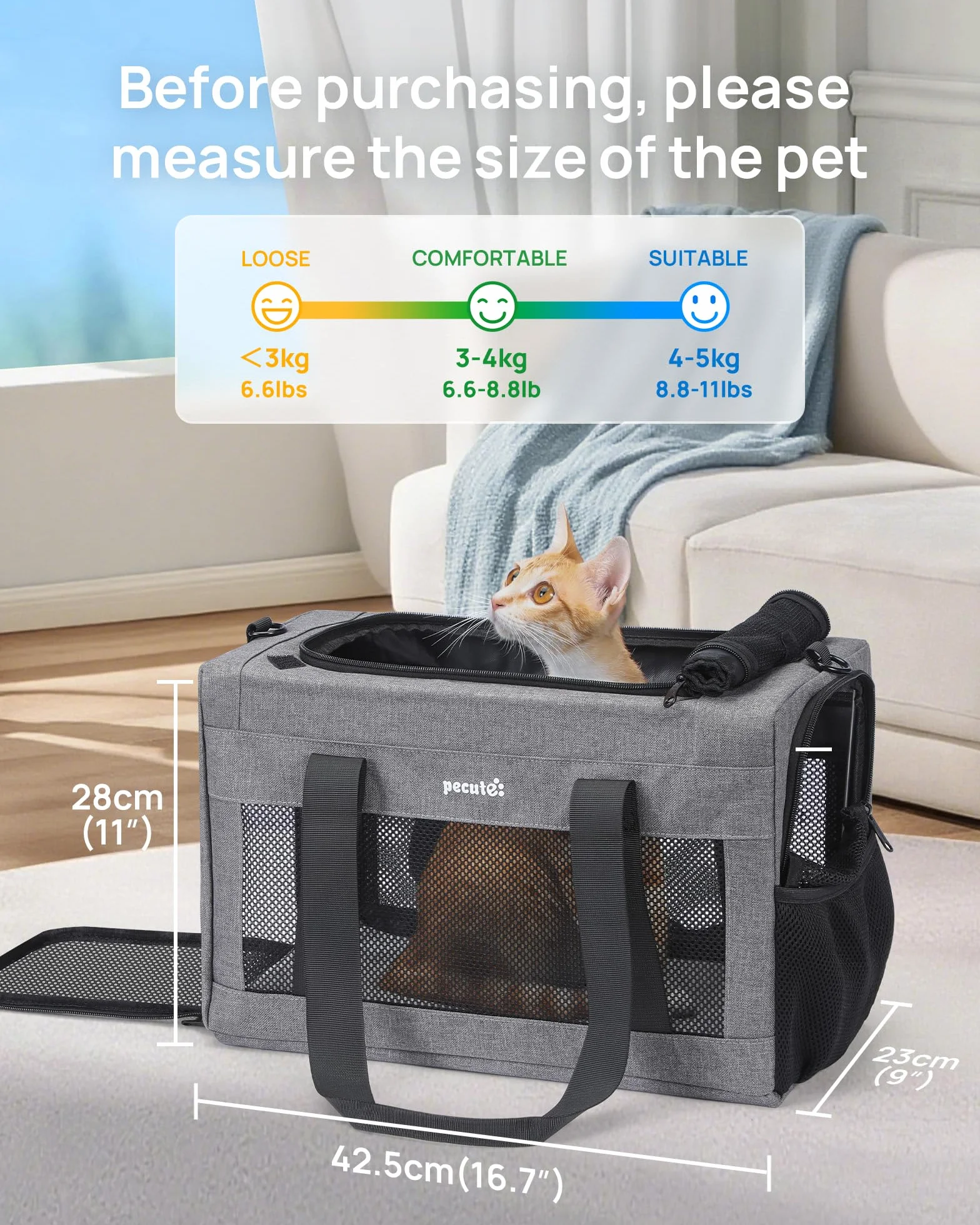 pecute® Nosidełko dla kota, zatwierdzone przez linie lotnicze, bardzo stabilne nosidełko dla kotów, przenośne nosidełko dla psów, oddychająca torba z tkaniny siatkowej dla zwierząt domowych
