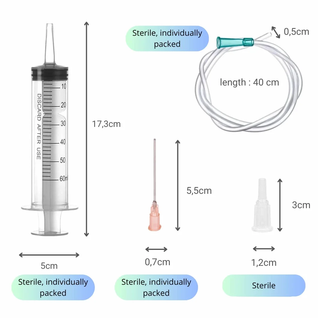 2 strzykawki 60 ml/cc z wężami i tępymi igłami, wielokrotnego użytku, pakowane, sterylne, płyny pomiarowe, nawadnianie roślin, karmienie zwierząt, laboratoria naukowe, przemysł, 2 sztuki
